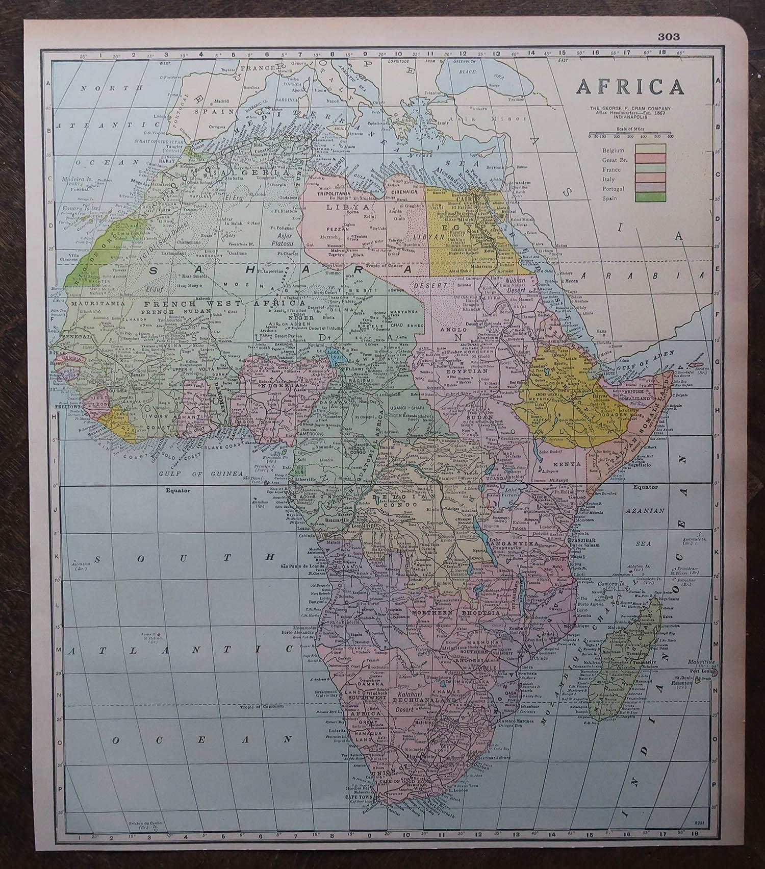Américain Grande carte ancienne originale d'Afrique. C.1900 en vente