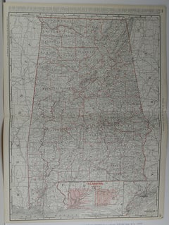Large Original Antique Map of Alabama by Rand McNally, circa 1900