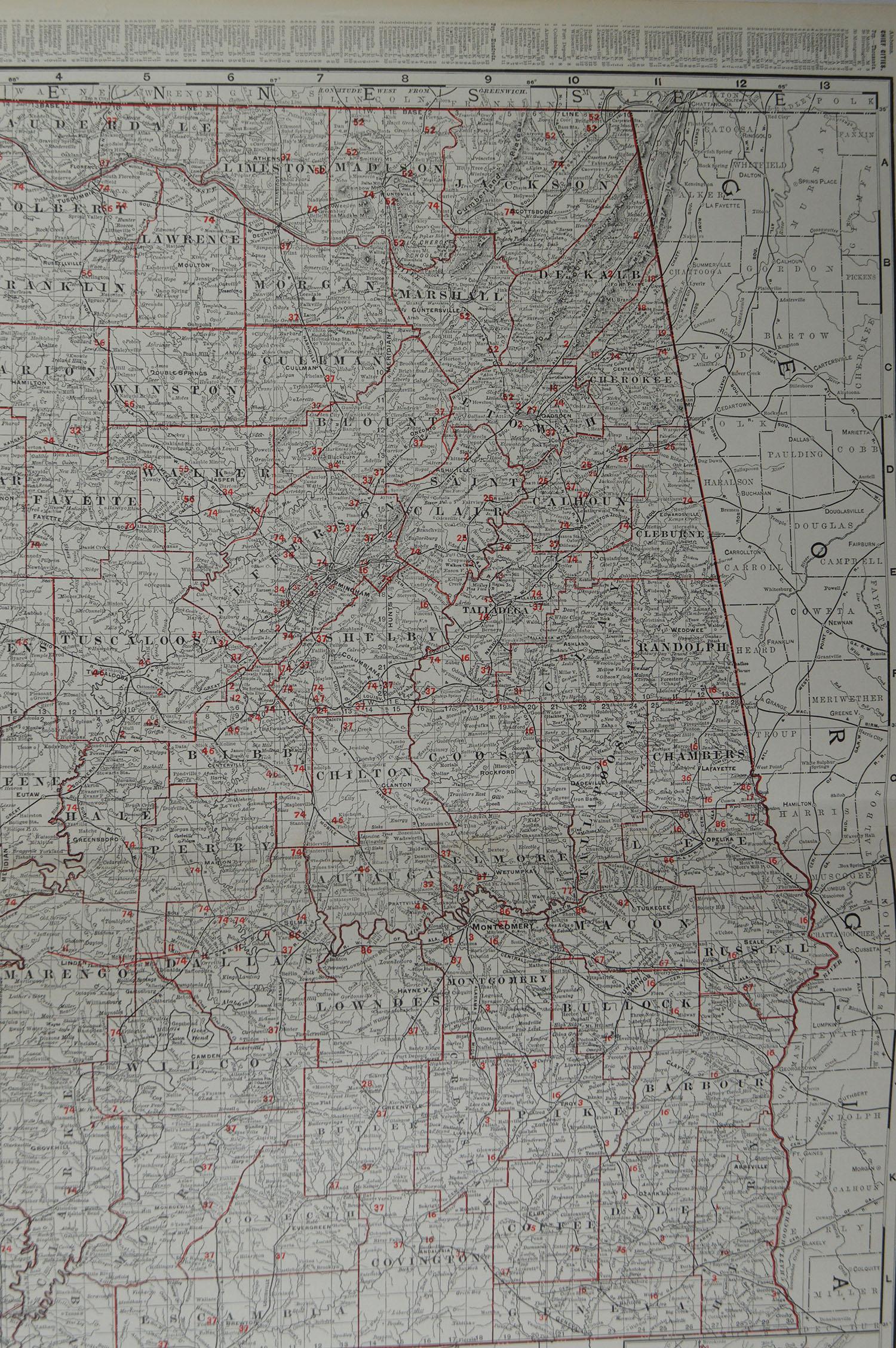 Edwardian Large Original Antique Map of Alabama by Rand McNally, circa 1900
