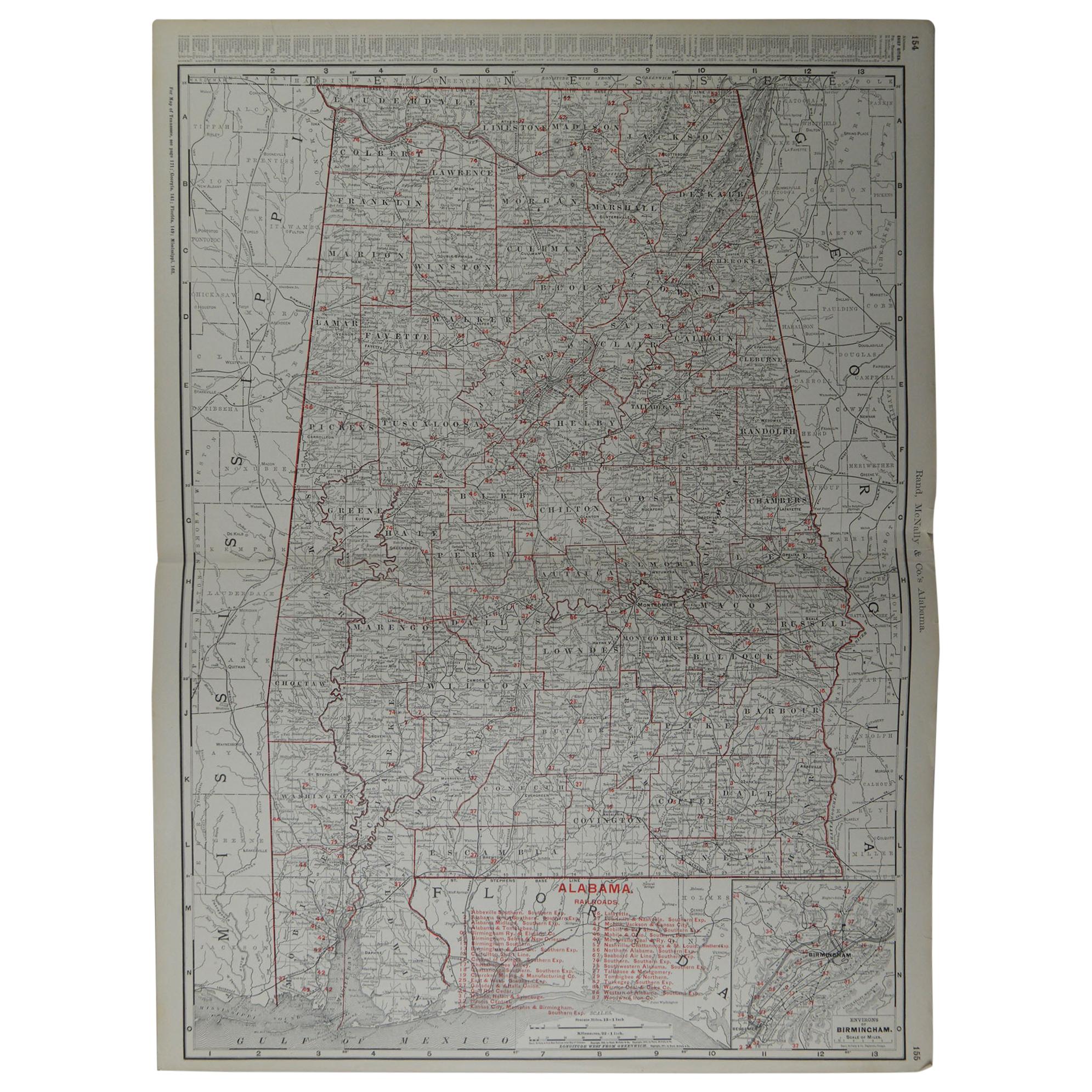 Large Original Antique Map of Alabama by Rand McNally, circa 1900