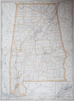 Large Original Antique Map of Alabama, Usa, 1894