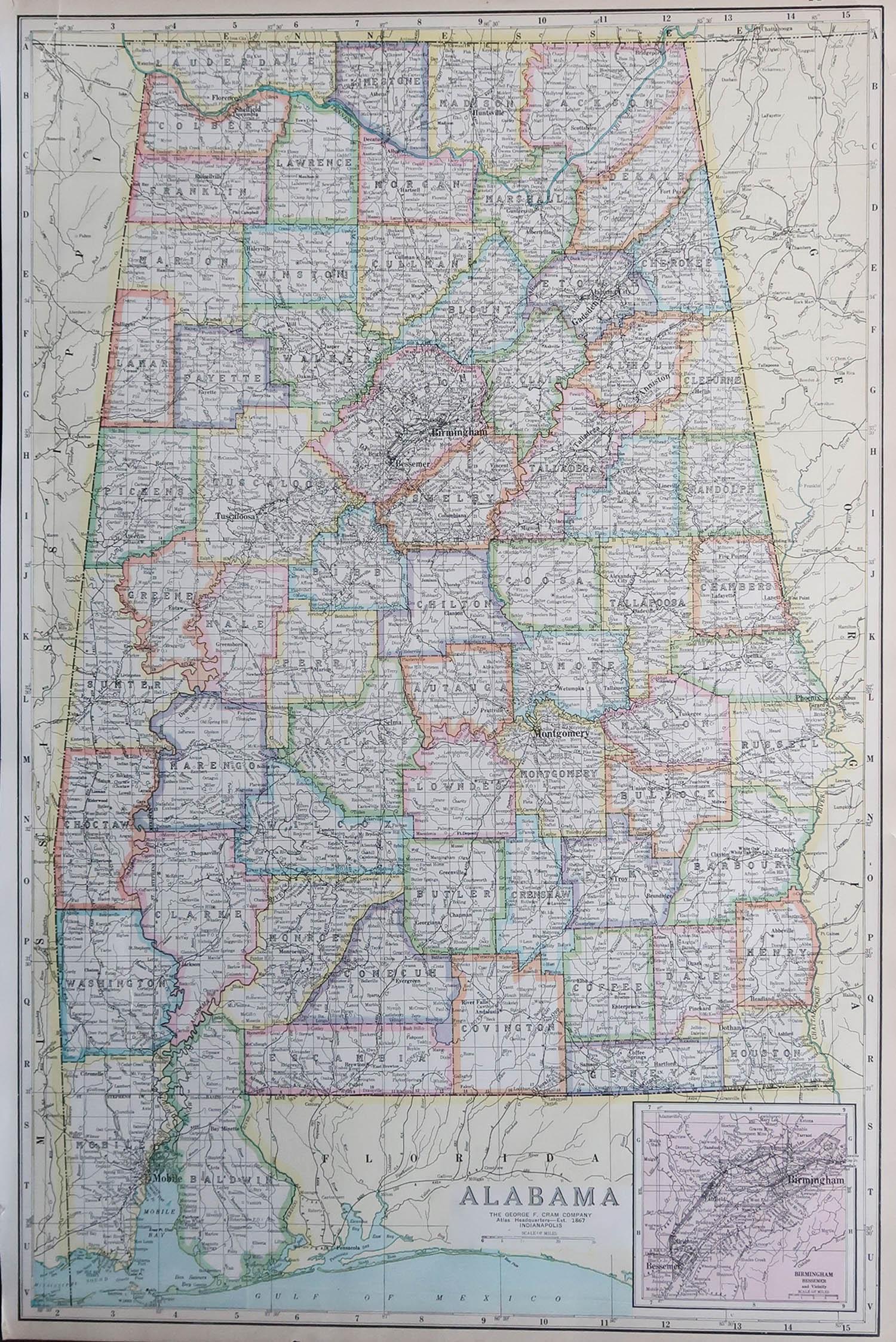 Fabulous map of Alabama

Original color

Engraved and printed by the George F. Cram Company, Indianapolis.

Published, C.1900

Unframed

Repair to a minor edge tear top left corner

Free shipping.