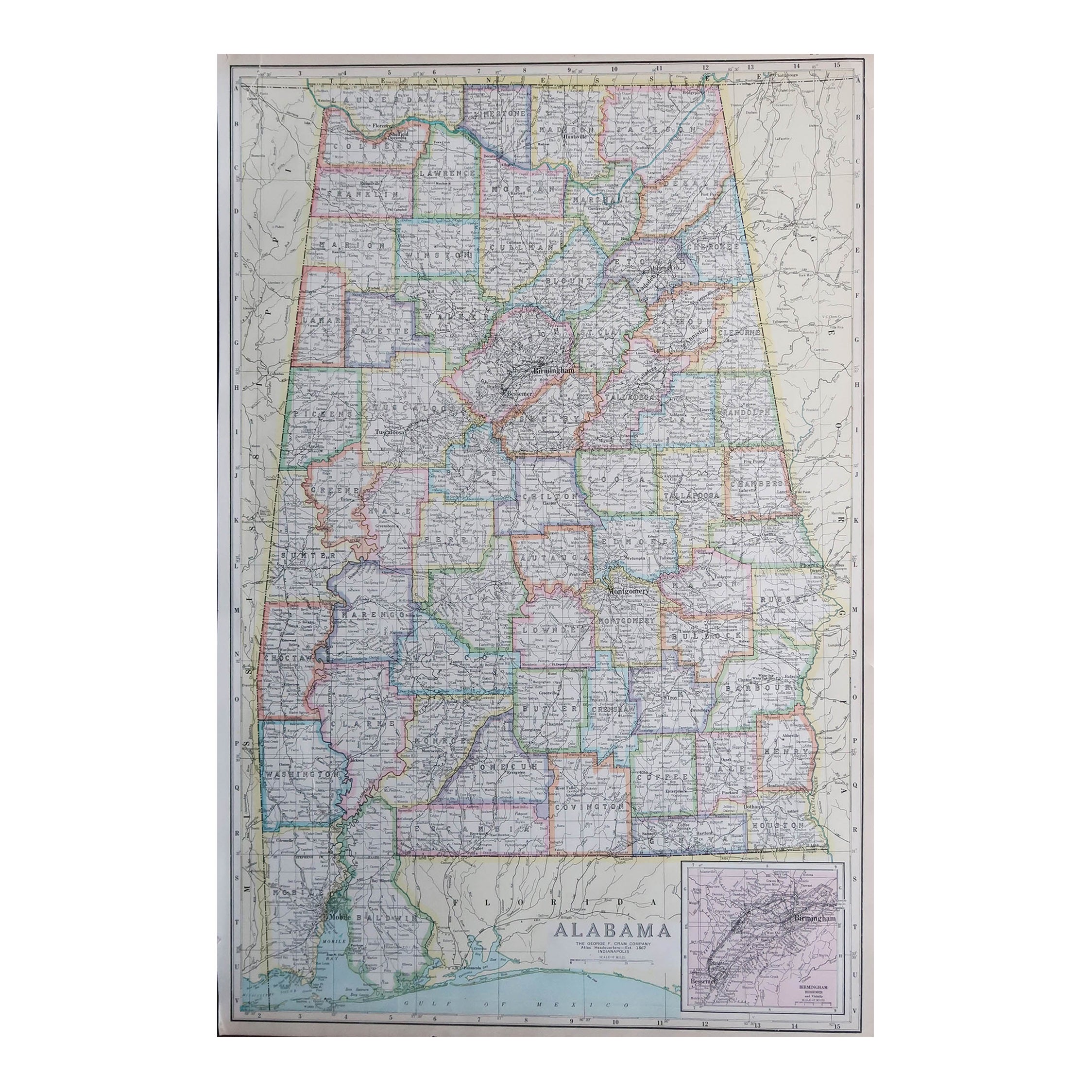 Gran Mapa Antiguo Original de Alabama, EE.UU., C.1900