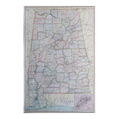Grande carte ancienne d'Alabama, États-Unis, vers 1900