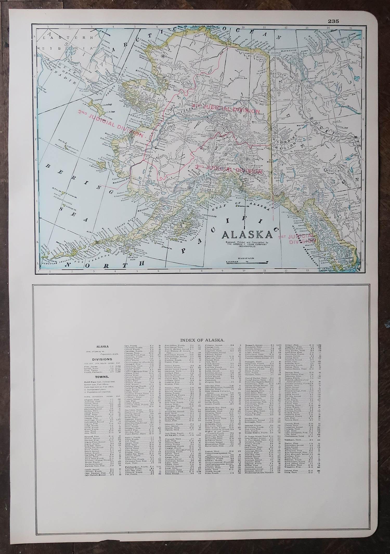 American Large Original Antique Map of Alaska, USA, C.1900 For Sale