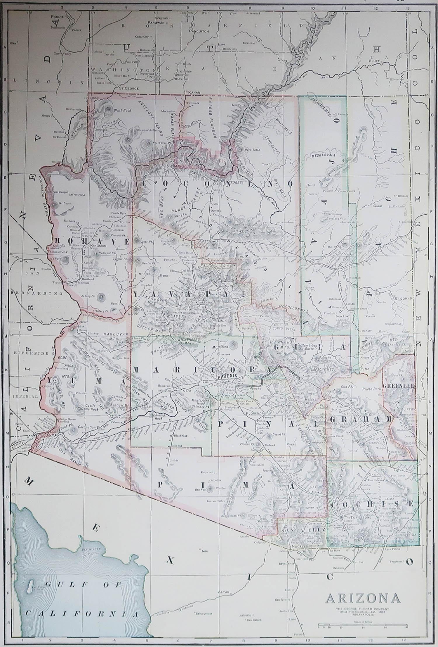 Fabulous map of Arizona

Original color.

Engraved and printed by the George F. Cram Company, Indianapolis.

Published, C.1900.

Unframed.

Free shipping.