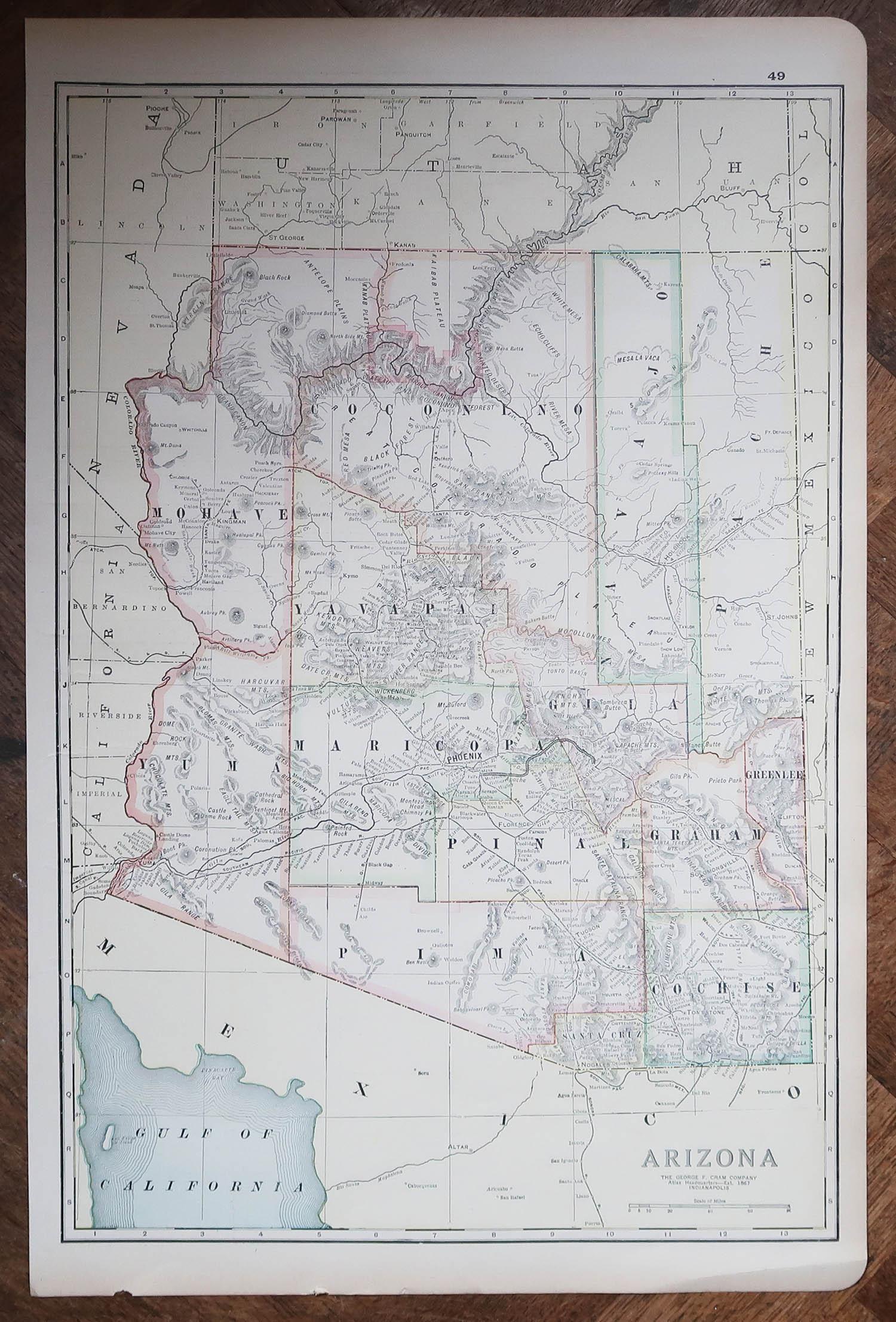 American Large Original Antique Map of Arizona, Usa, C.1900 For Sale