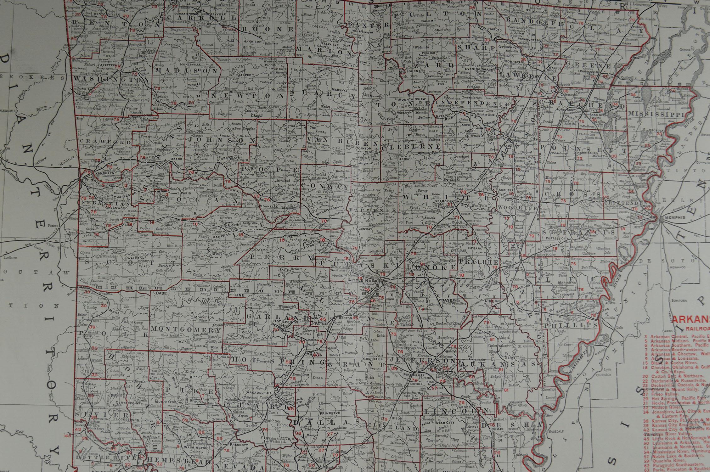 American Large Original Antique Map of Arkansas by Rand McNally, circa 1900