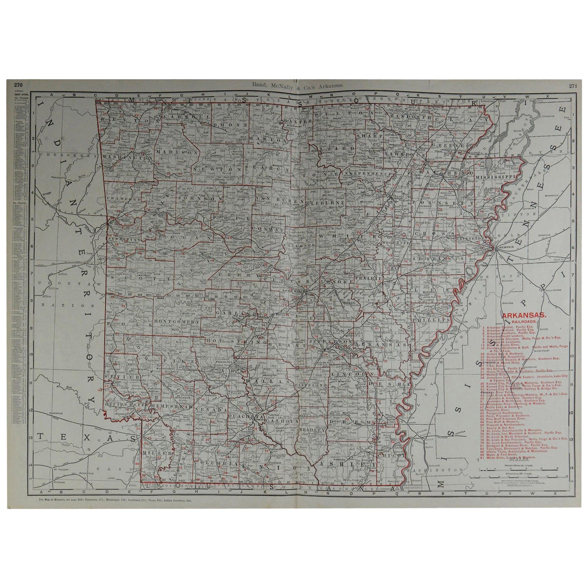 Large Original Antique Map of Arkansas by Rand McNally, circa 1900