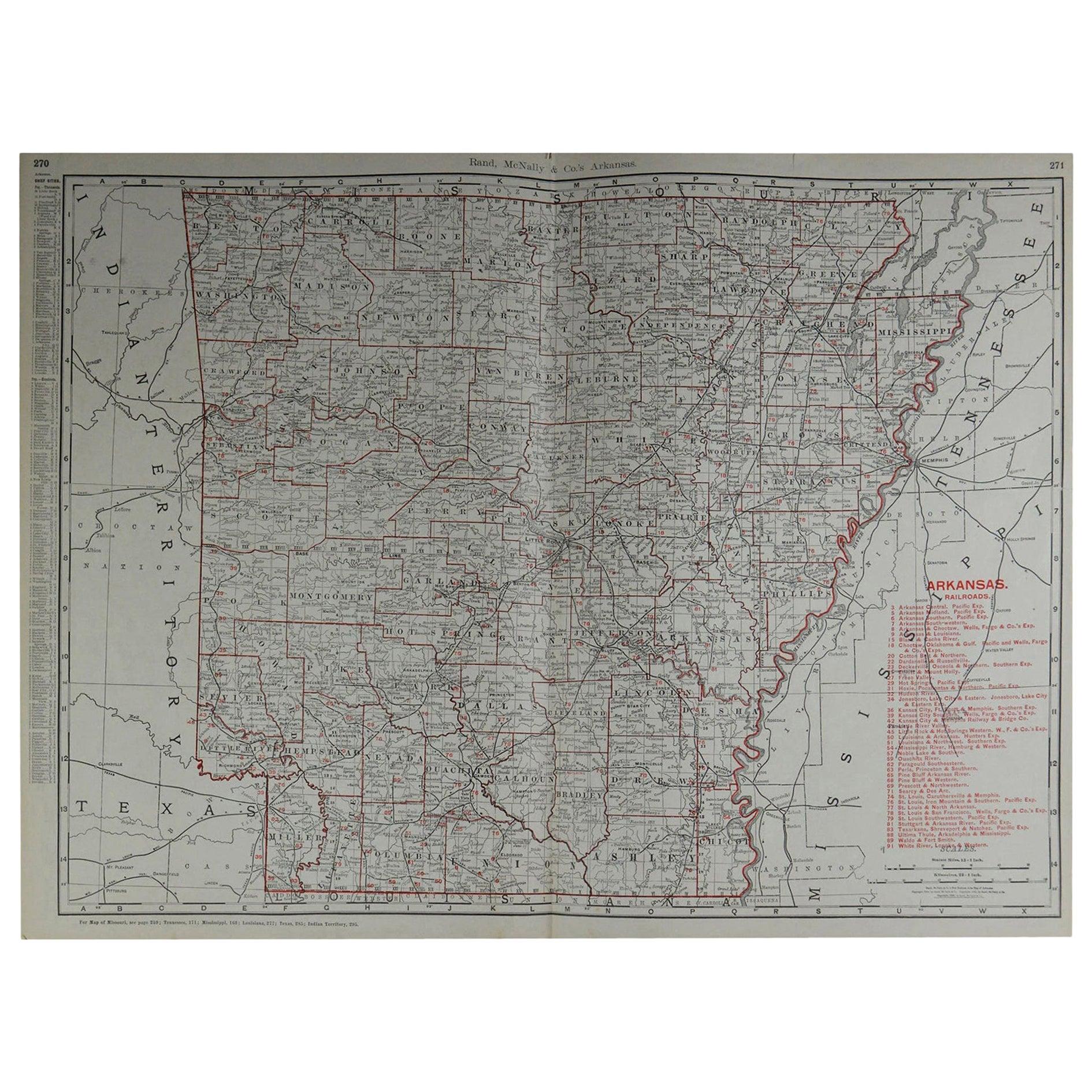 Large Original Antique Map of Arkansas by Rand McNally, circa 1900 For Sale
