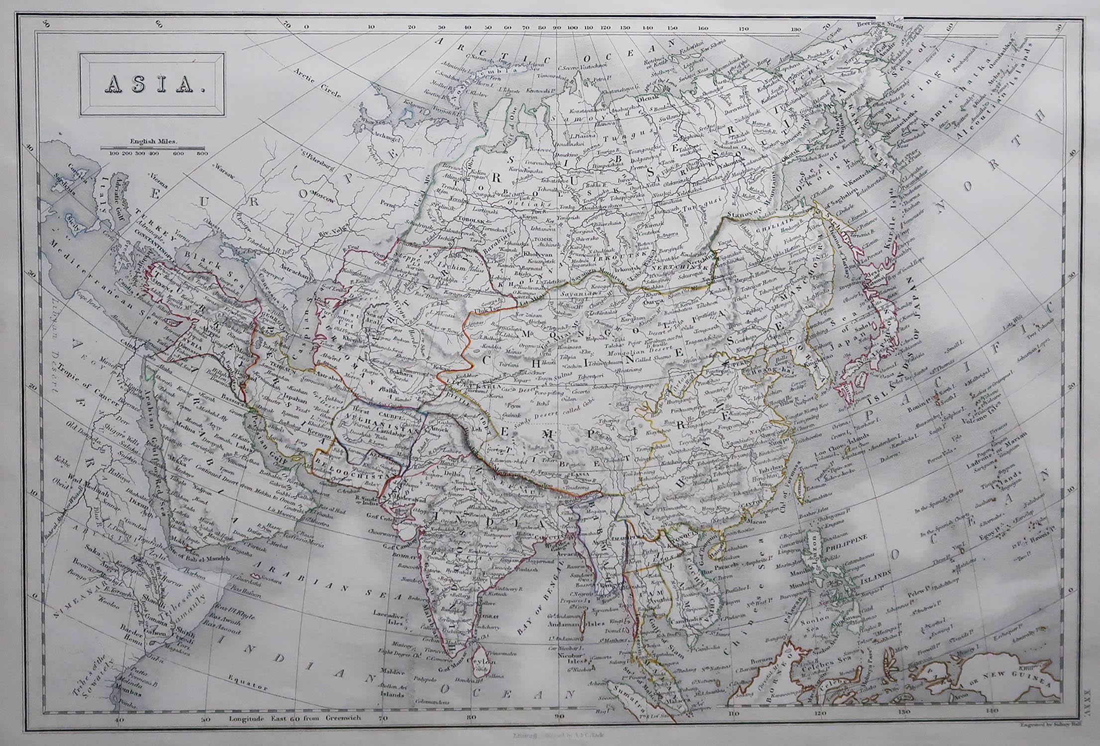 Great map of Asia

Drawn and engraved by Sidney Hall

Steel engraving 

Original colour outline

Published by A & C Black. 1847

Unframed

Free shipping

