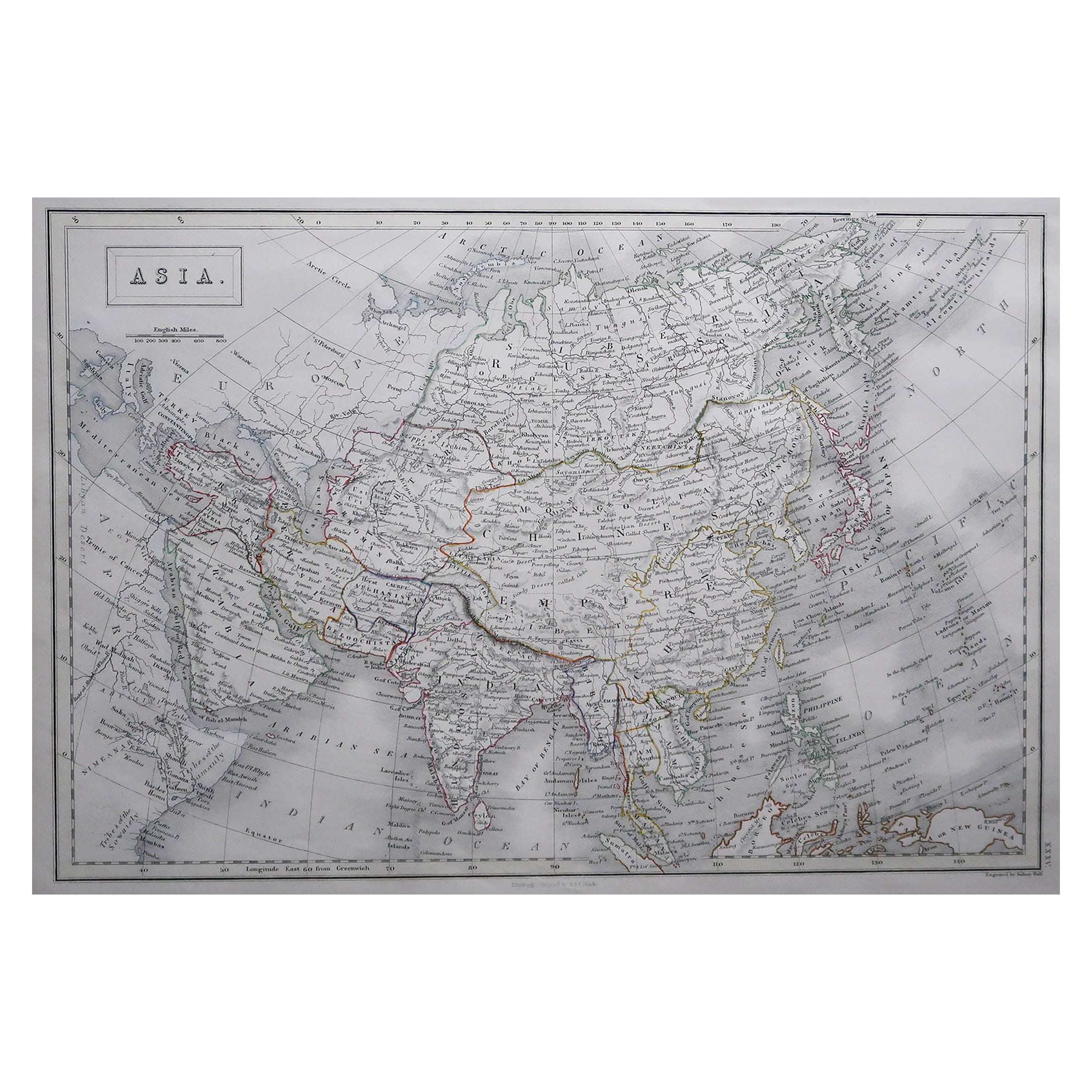 Grande mappa antica originale dell'Asia di Sidney Hall, 1847