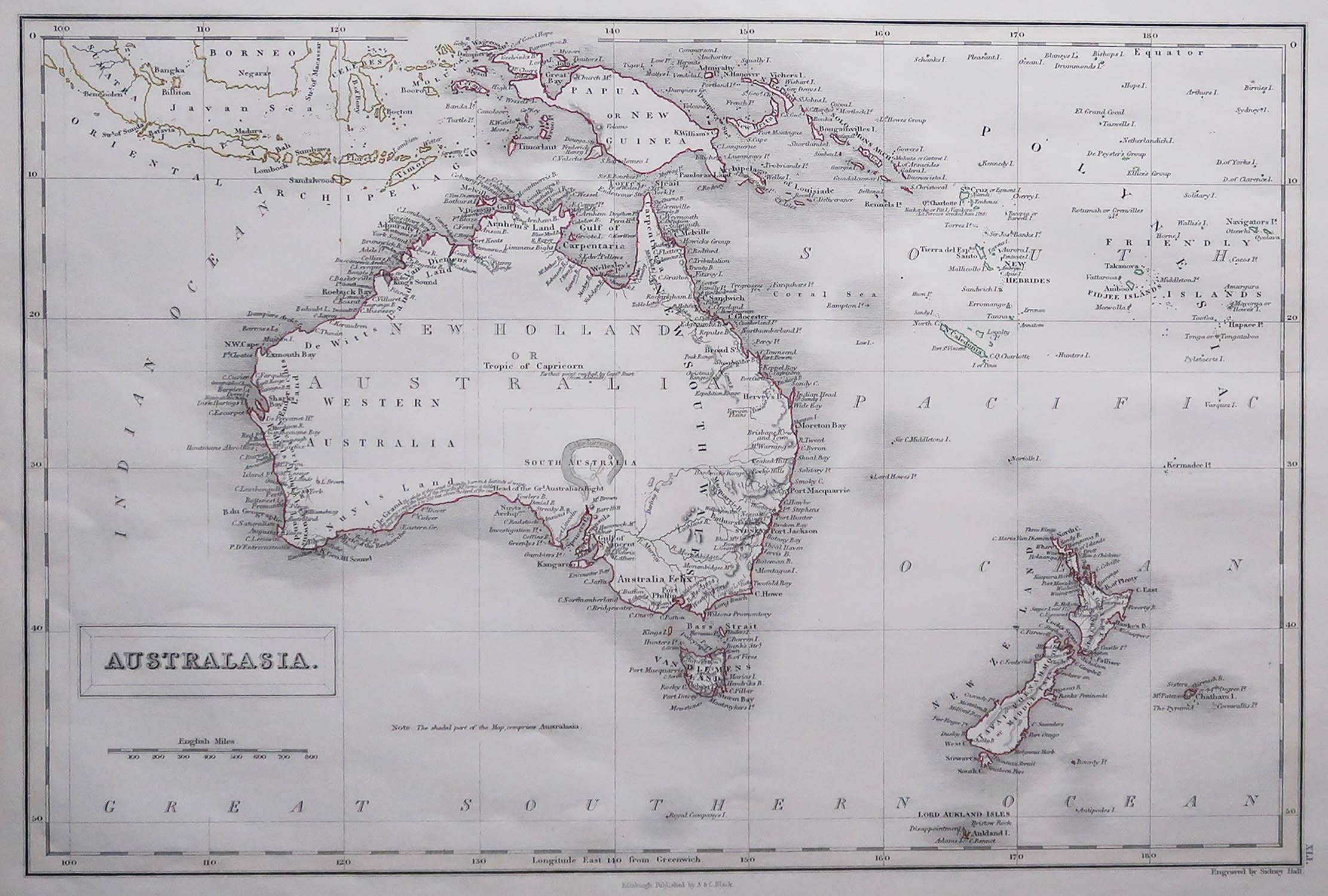 Great map of Australia

Drawn and engraved by Sidney Hall

Steel engraving 

Original colour outline

Published by A & C Black. 1847

Unframed

Free shipping.

