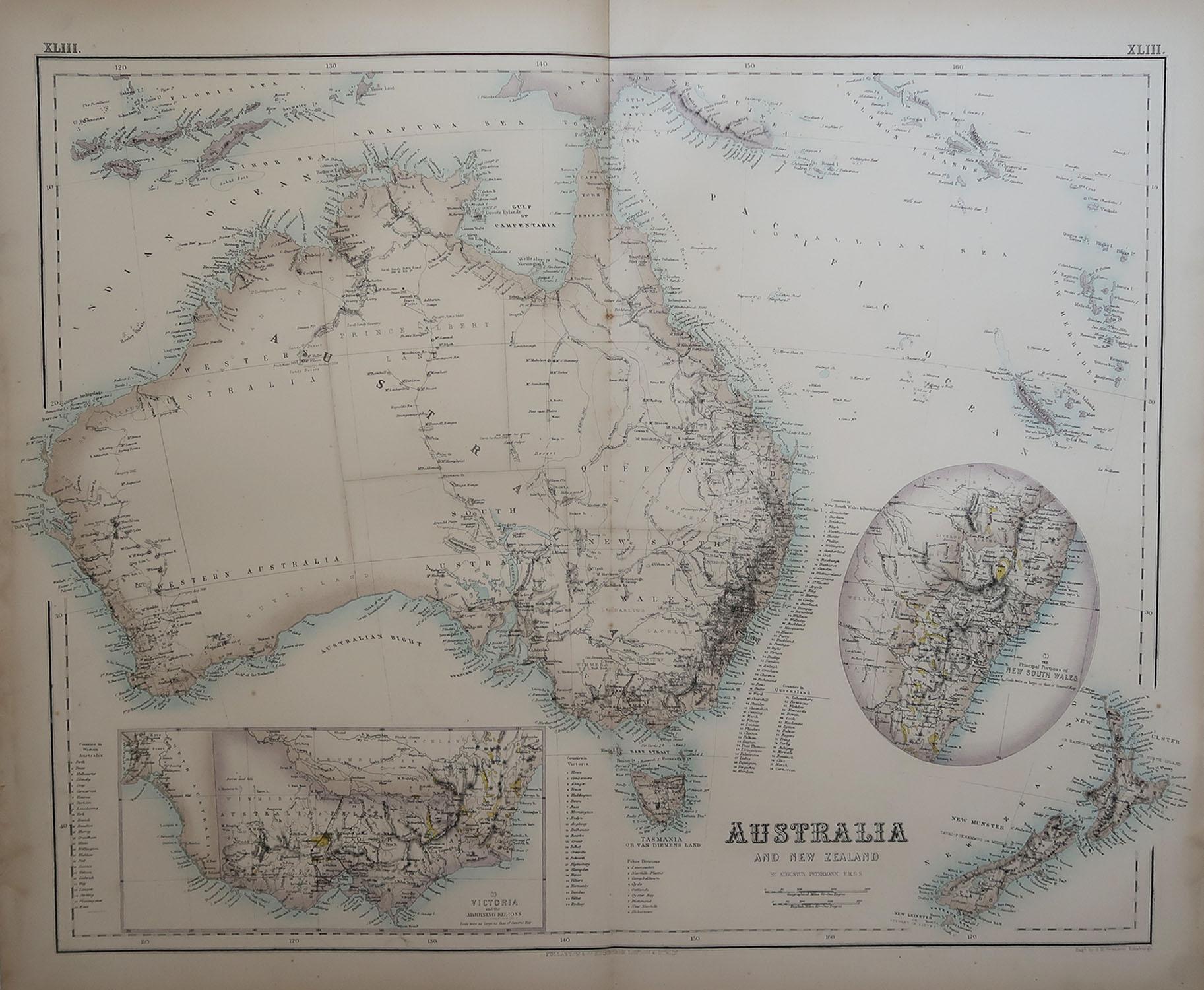 Great map of Australia

From the celebrated Royal Illustrated Atlas

Engraved by Swanston after the drawing by Augustus Petermann

Lithograph. Original color. 

Published by Fullarton, Edinburgh. C.1870

Unframed.












 