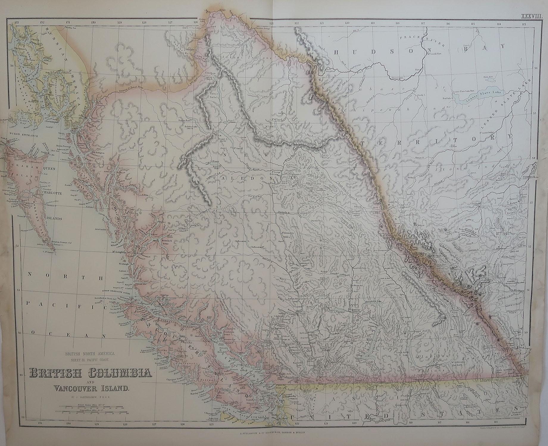 Great map of British Columbia

From the celebrated Royal Illustrated Atlas

Lithograph by Swanston. Original color. 

Published by Fullarton, Edinburgh. C.1870

Repairs to minor edge tears 

Unframed.












 