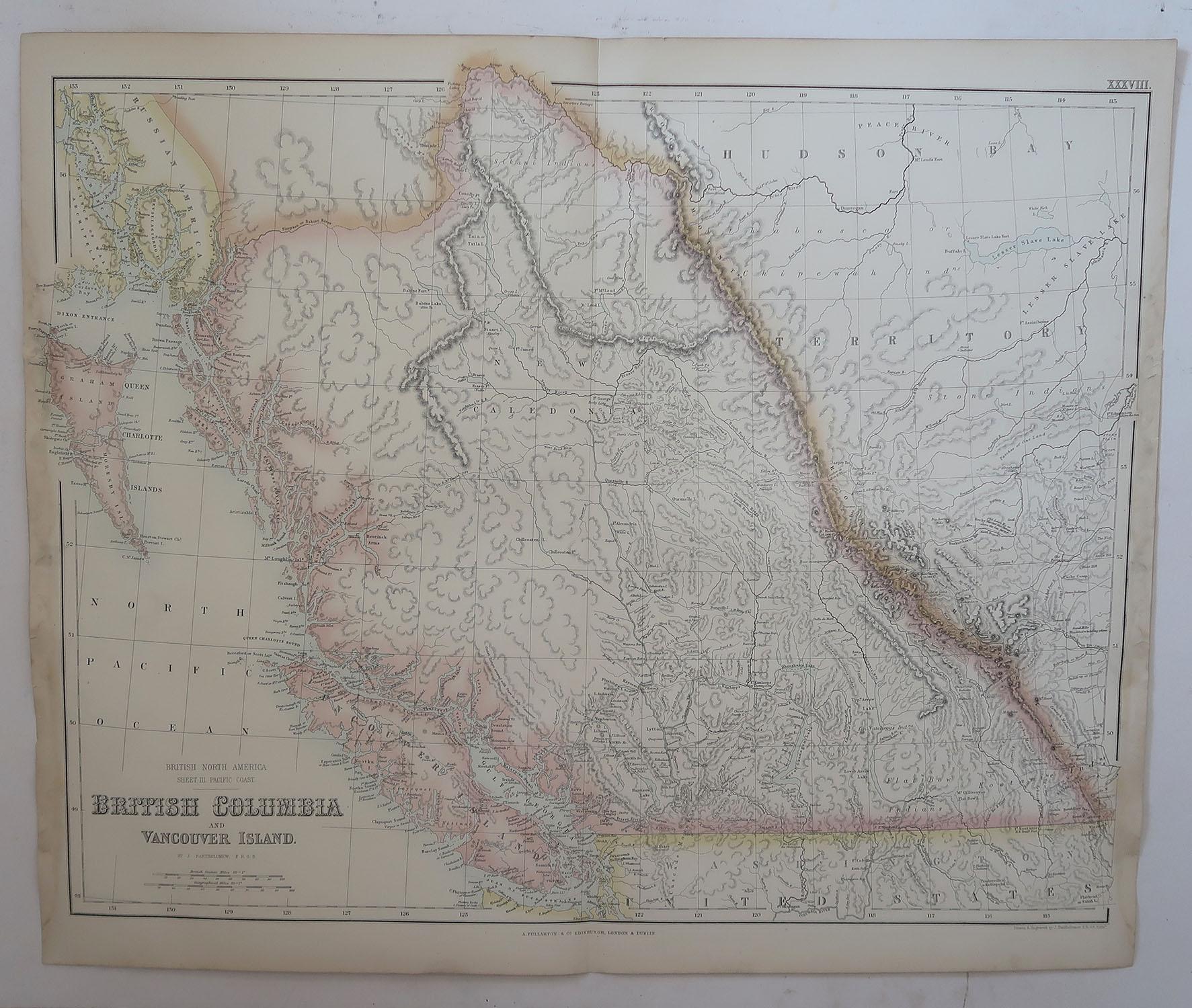 Scottish Large Original Antique Map of British Columbia & Vancouver, Fullarton, C.1870