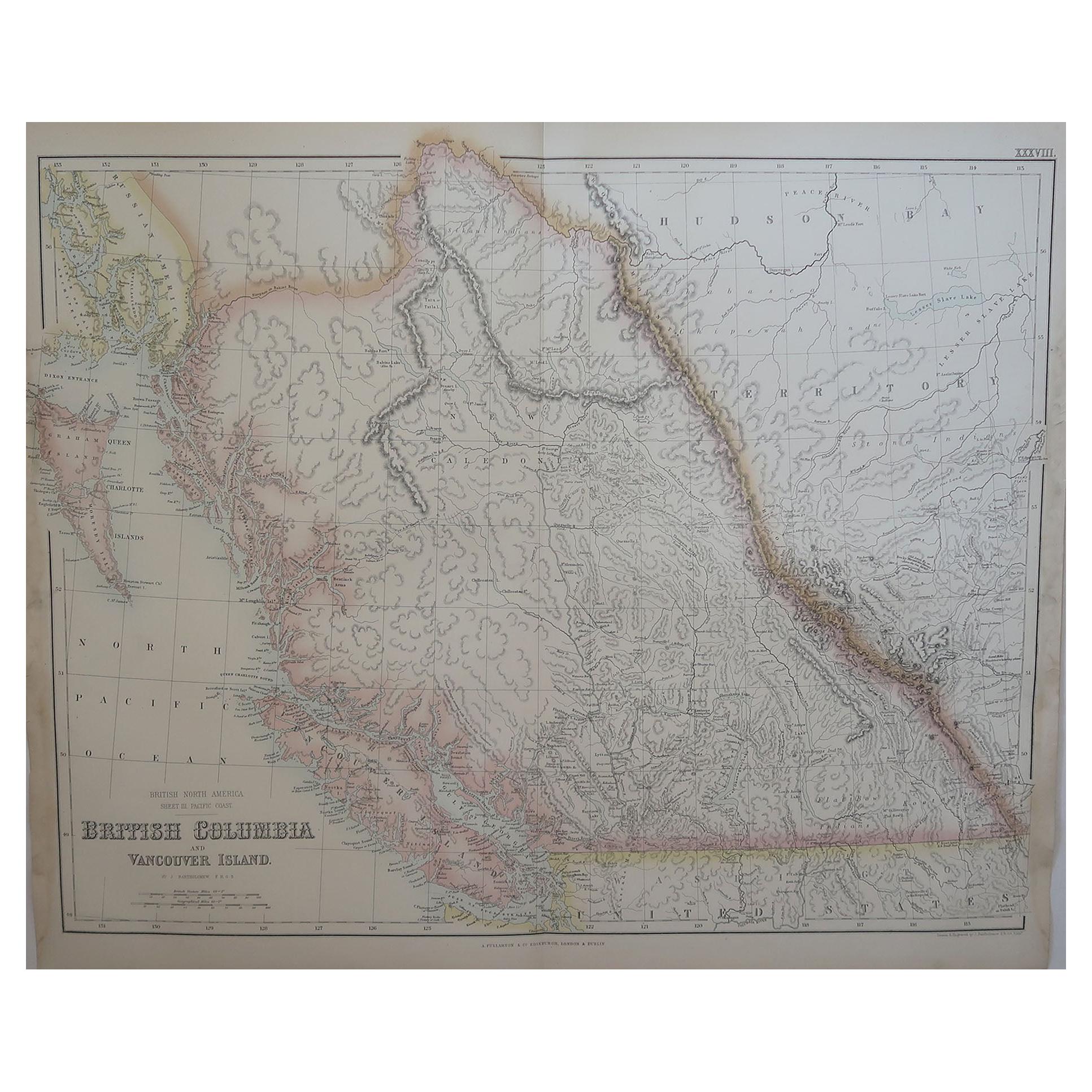 Large Original Antique Map of British Columbia & Vancouver, Fullarton, C.1870