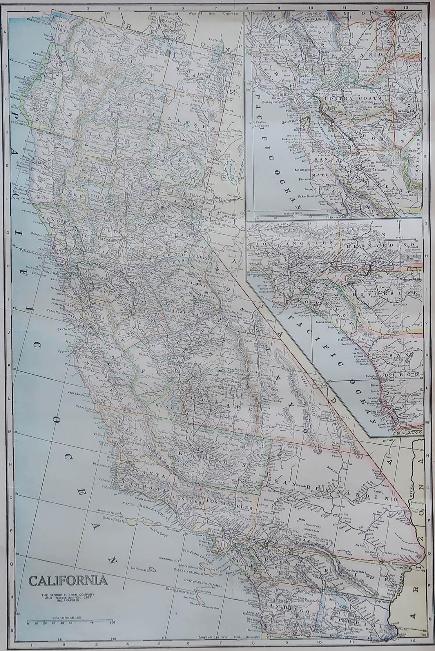Fabulous map of California

Original color

Engraved and printed by the George F. Cram Company, Indianapolis.

Published, circa 1900

Unframed

Free shipping.
