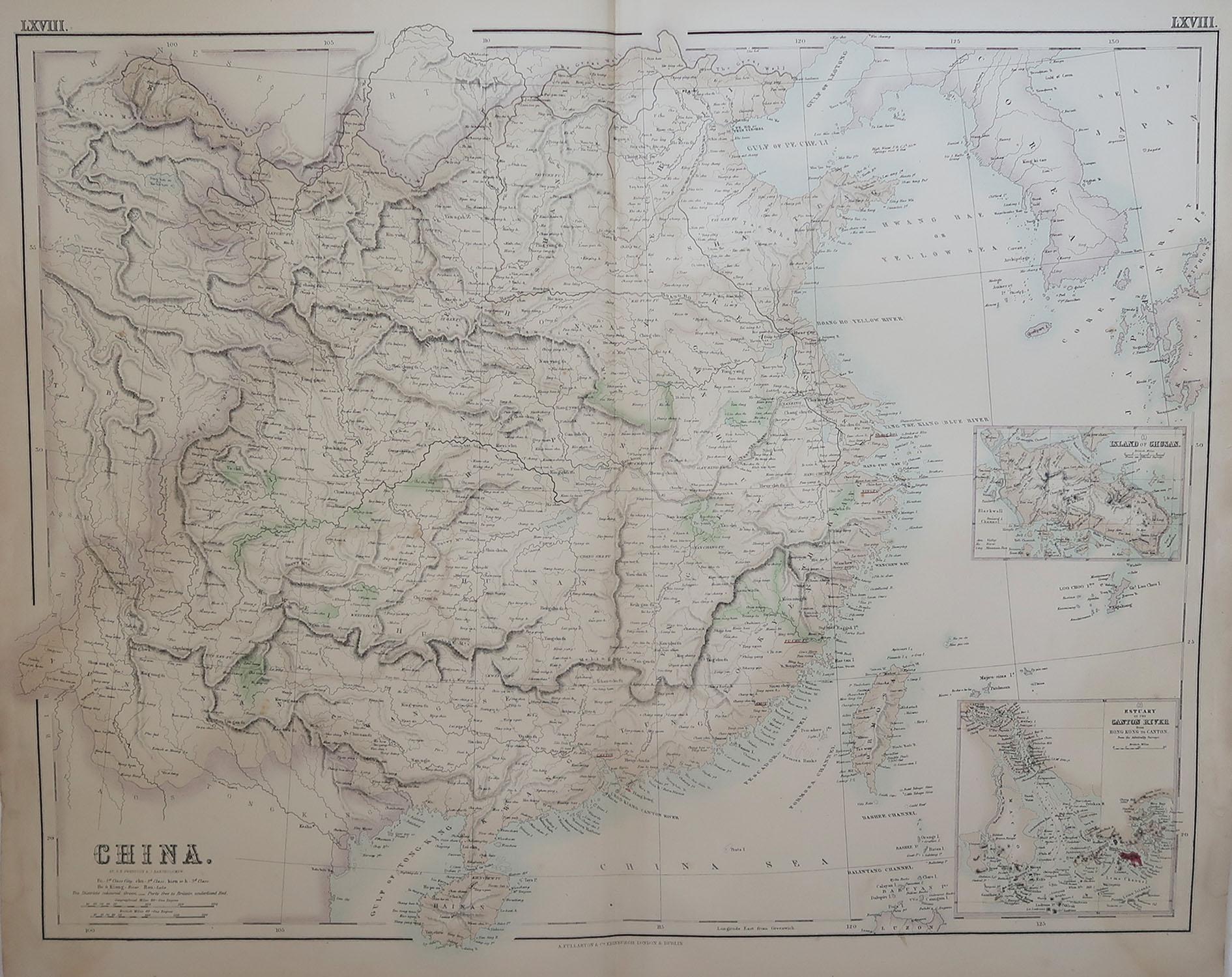 Great map of China

From the celebrated Royal Illustrated Atlas

Lithograph by Swanston. Original color. 

Published by Fullarton, Edinburgh. C.1870

Repairs to minor edge tears

Unframed.












 