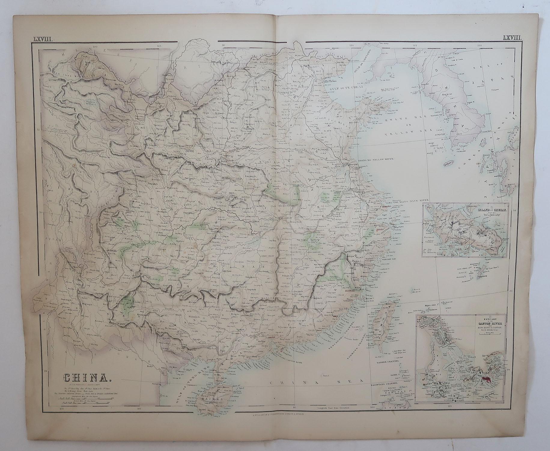 Scozzese Grande mappa antica originale della Cina, Fullarton, 1870 ca.
