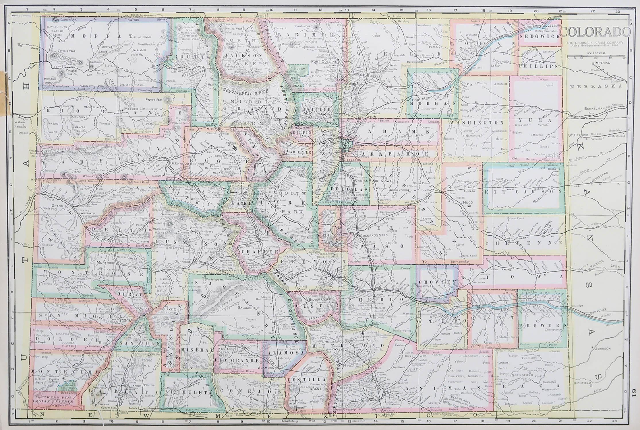 Fabulous map of Colorado

Original color

Engraved and printed by the George F. Cram Company, Indianapolis.

Published, circa 1900

Unframed

Old repairs to short trears on left and bottom edge

 