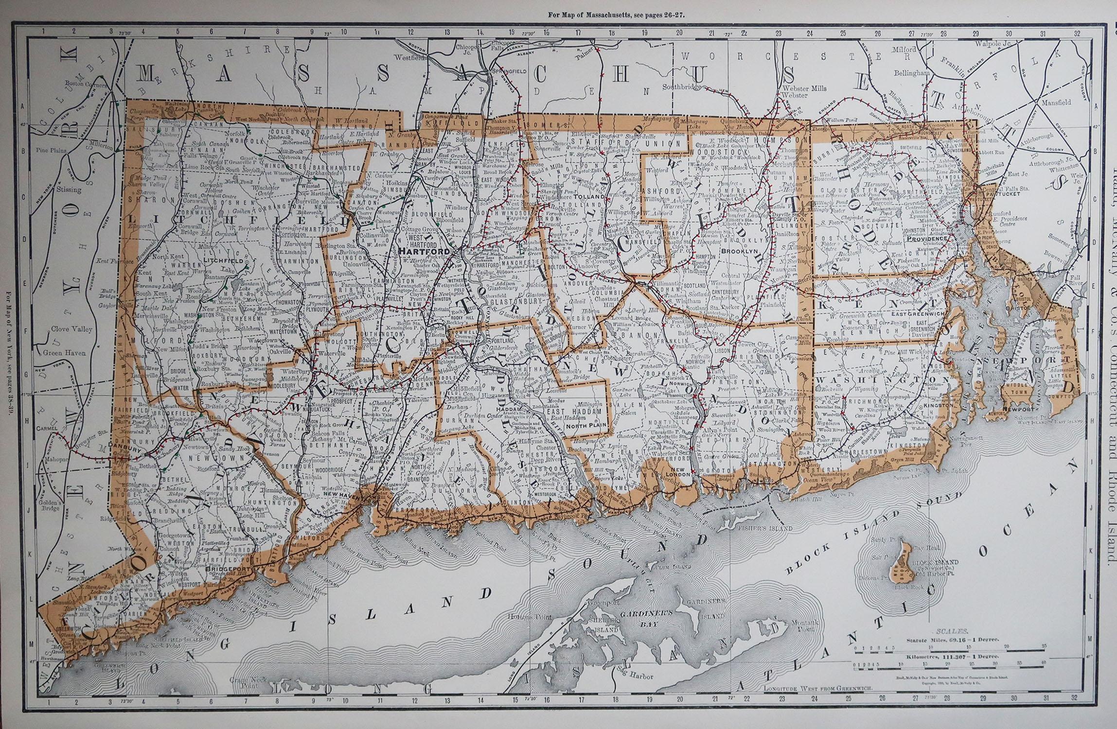 Fabulous map of Connecticut and Rhode Island

Original color

By Rand, McNally & Co.

Published, 1894

Unframed

Free shipping.