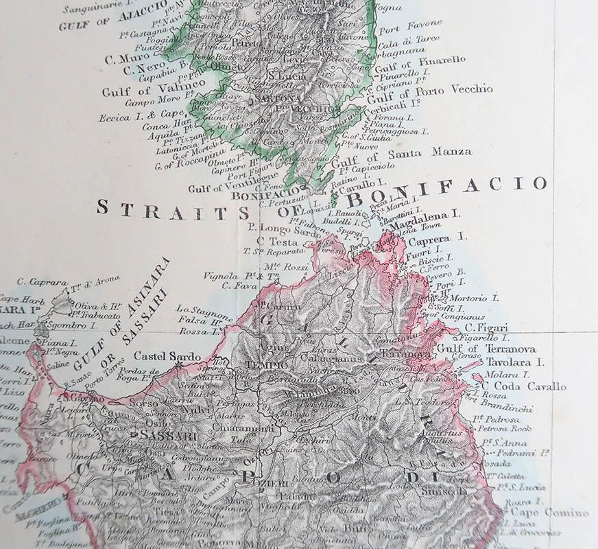 Vittoriano Grande carta geografica originale della Corsica e della Sardegna. John Dower, 1861