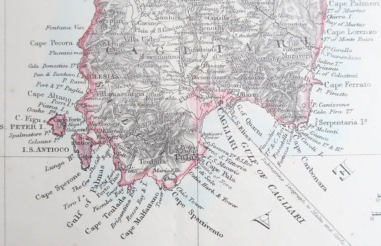 Inglese Grande carta geografica originale della Corsica e della Sardegna. John Dower, 1861