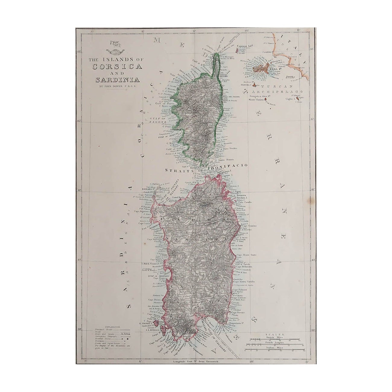 Grande carta geografica originale della Corsica e della Sardegna. John Dower, 1861