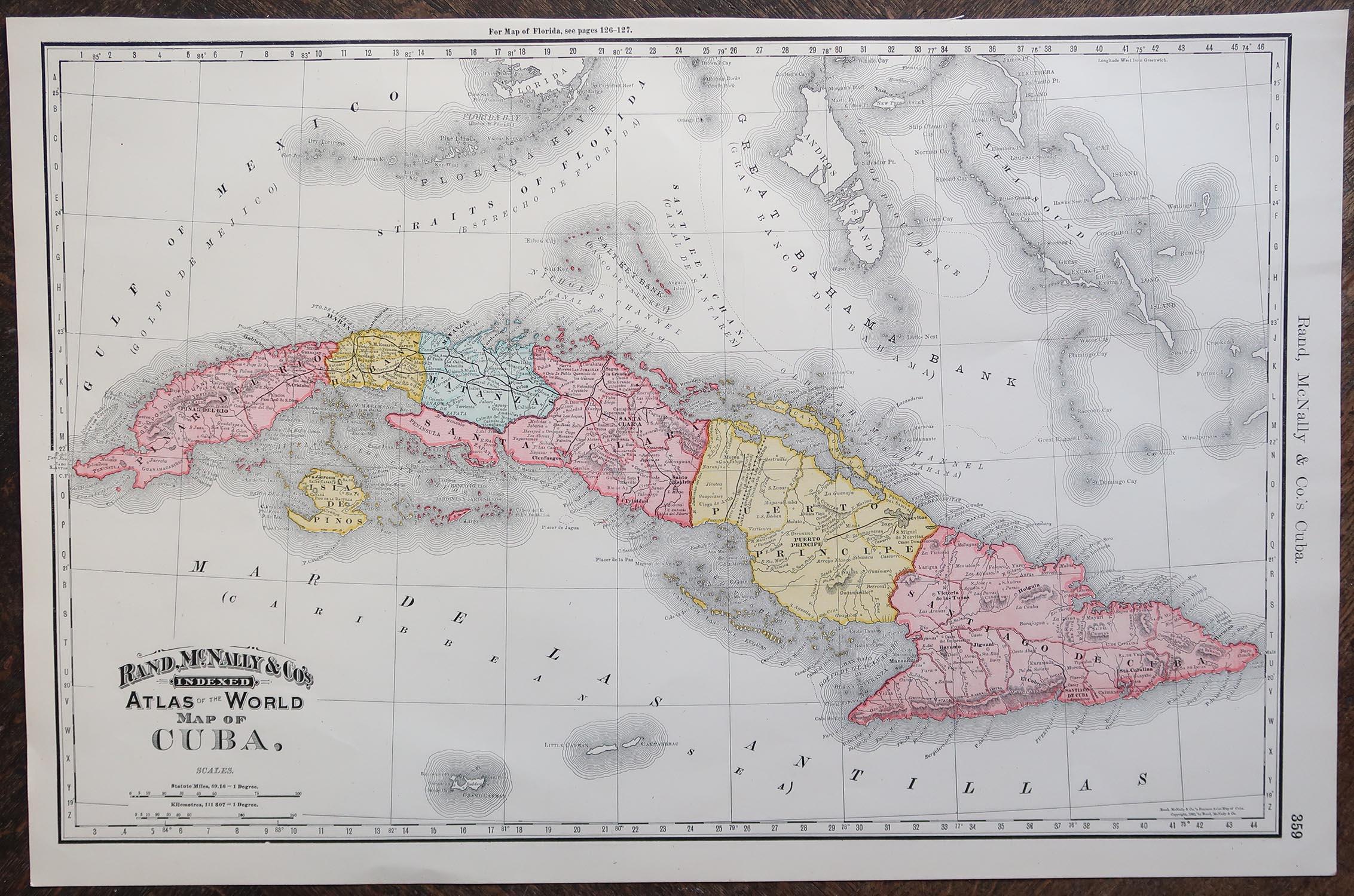 American Large Original Antique Map of Cuba, 1894