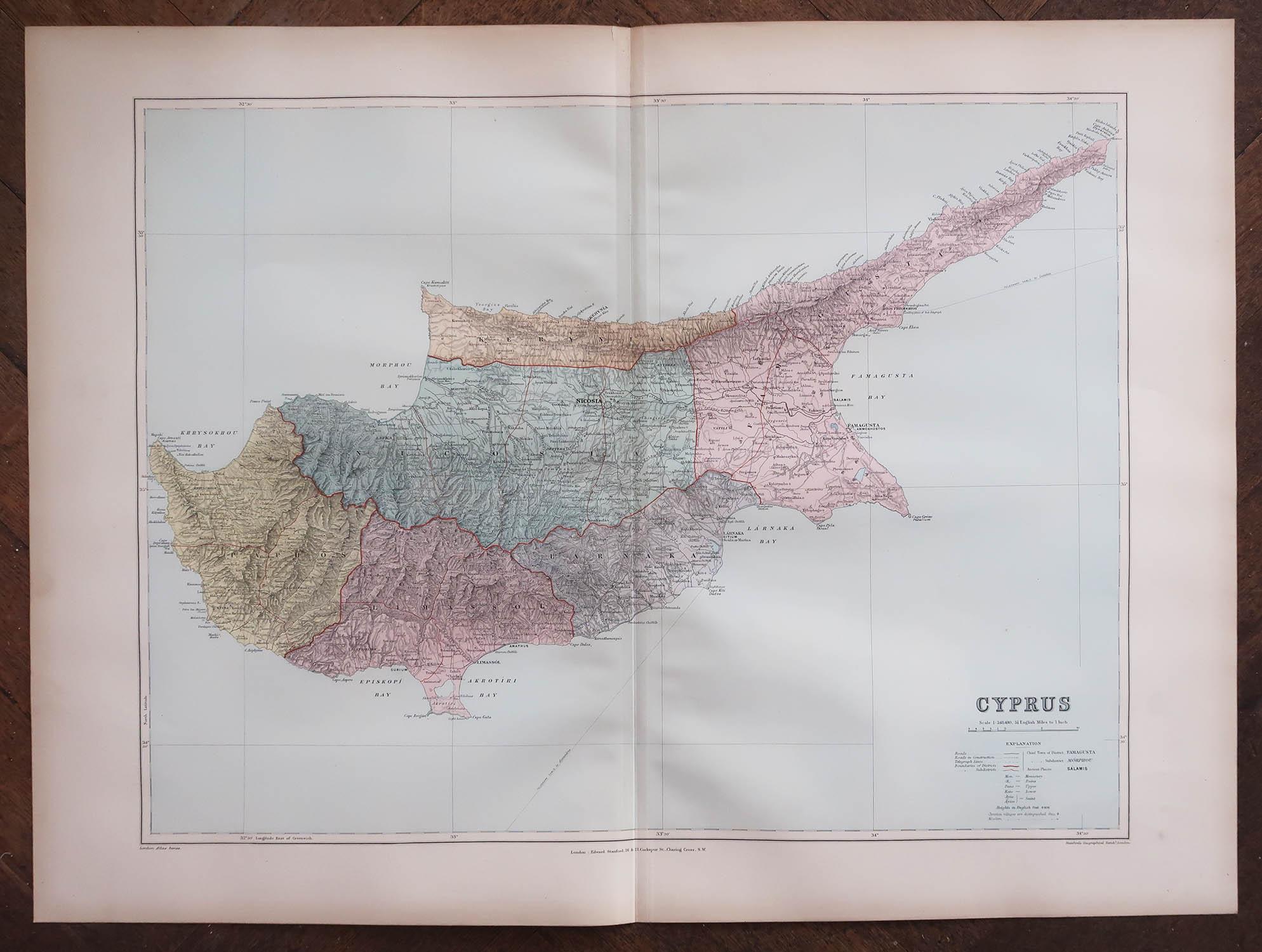 Superb Antique map of Cyprus

Published Edward Stanford, Charing Cross, London 1894

Original colour

Good condition

Unframed.

Free shipping








