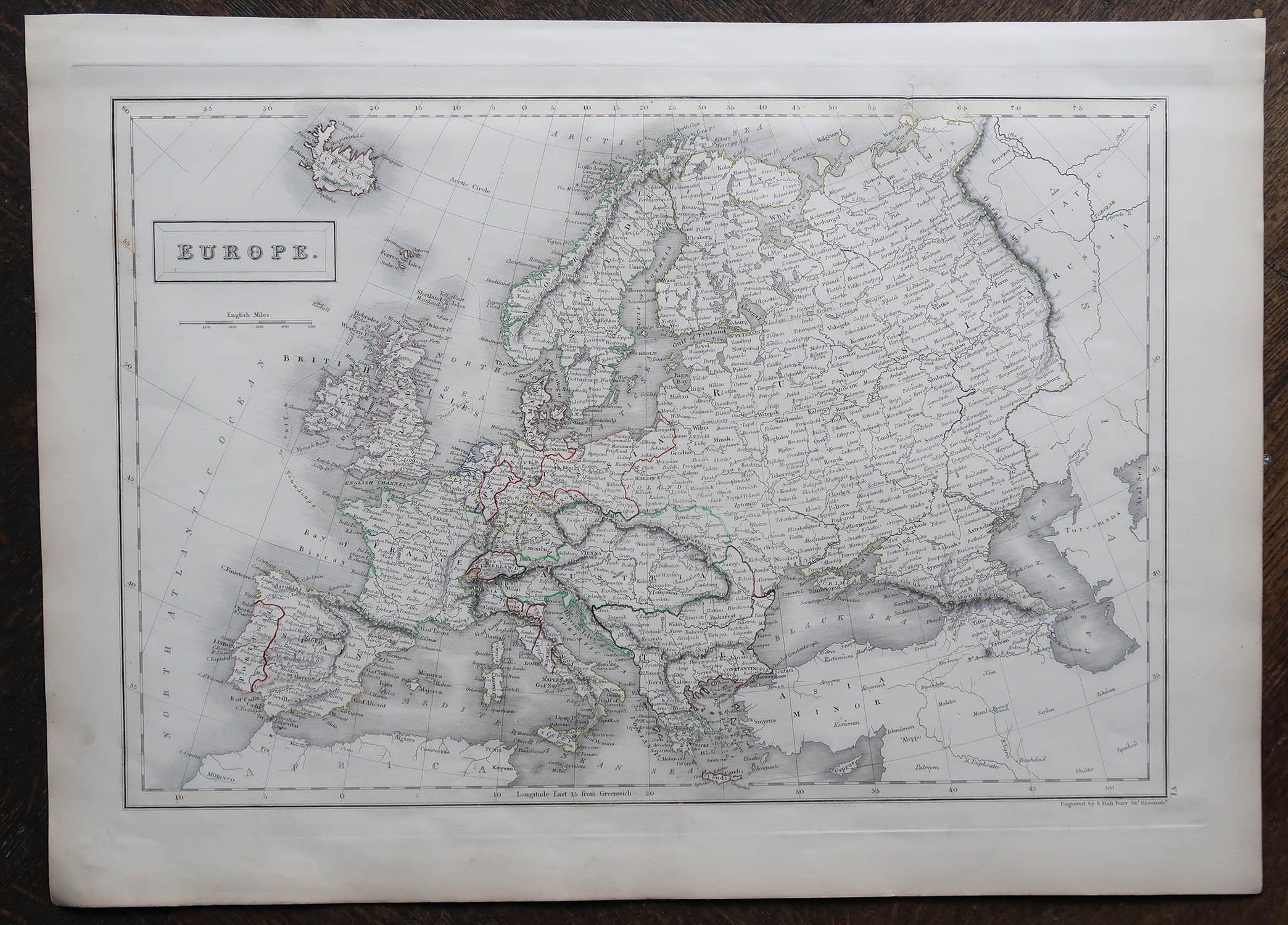 Scottish Large Original Antique Map of Europe by Sidney Hall, 1847 For Sale