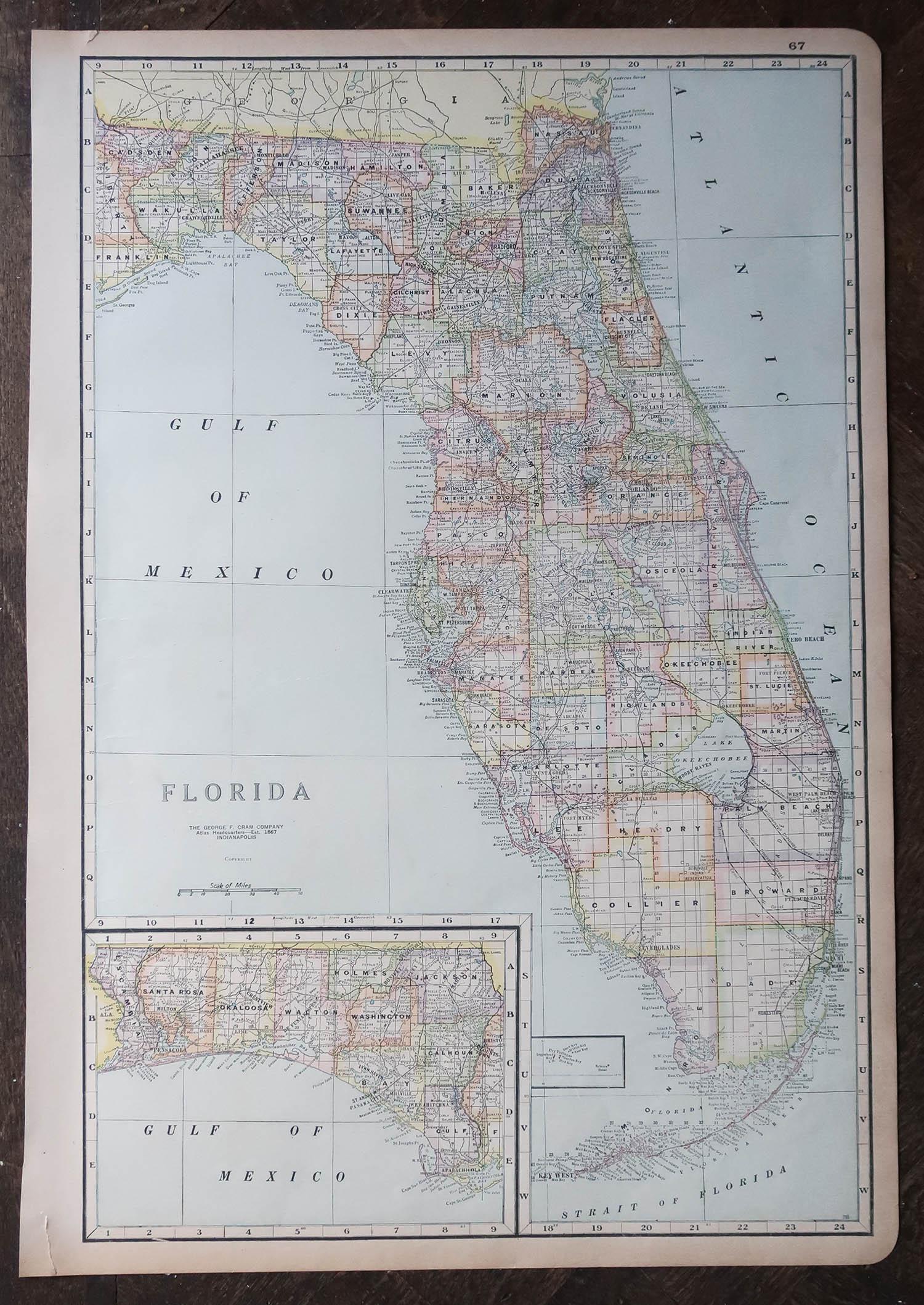Large Original Antique Map of Florida - Flor2 Master 