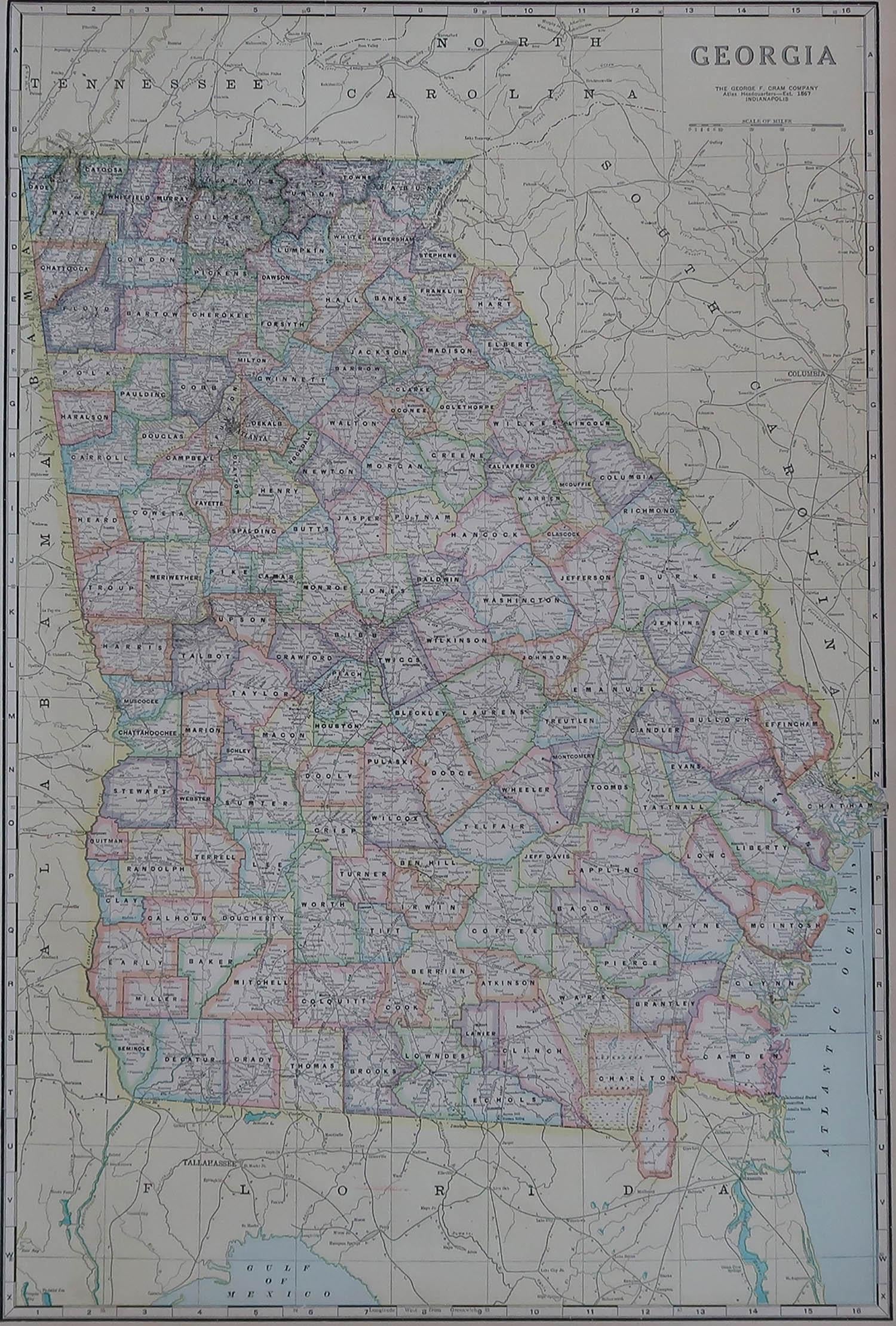 Fabulous map of Georgia

Original color

Engraved and printed by the George F. Cram Company, Indianapolis.

Published, circa 1900

Unframed


 