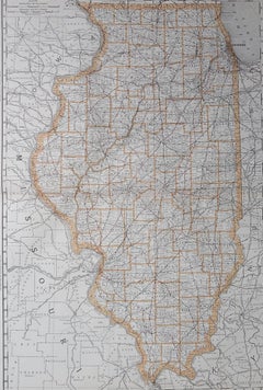 Large Original Antique Map of Illinois, USA, 1894