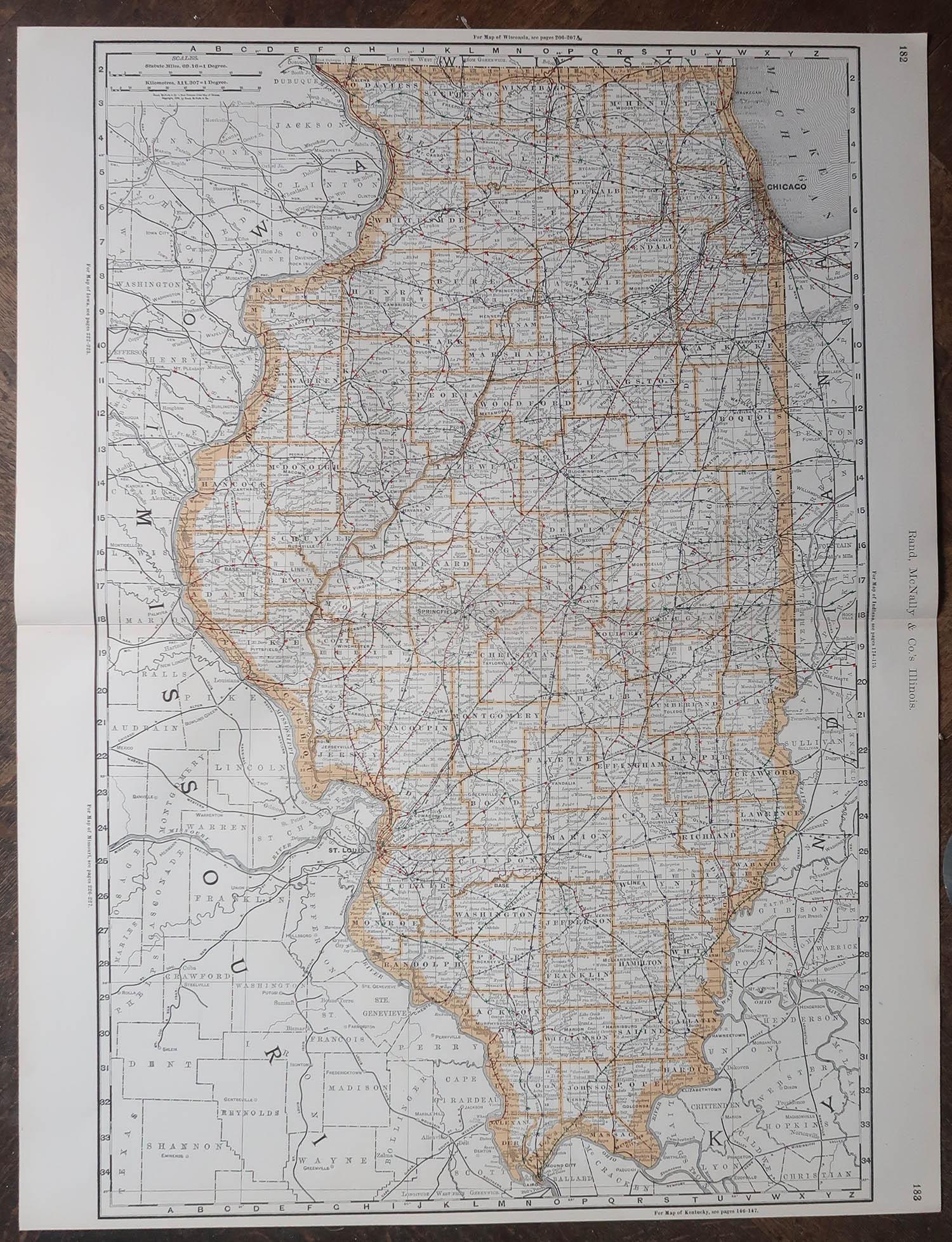 Große Original-Antike Karte von Illinois, USA, 1894 (amerikanisch) im Angebot