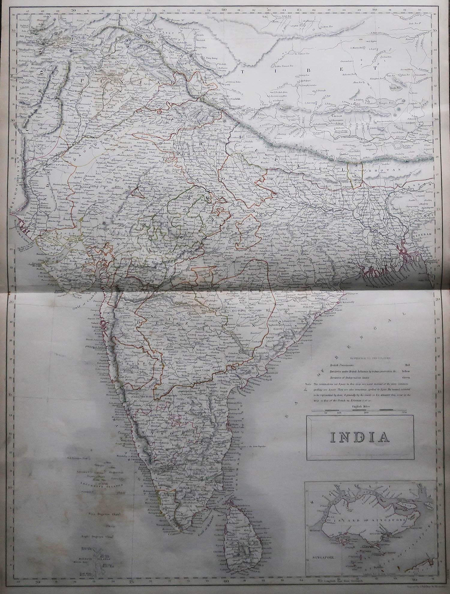Great map of India

Drawn and engraved by Sidney Hall

Steel engraving 

Original colour outline

Published by A & C Black. 1847

Some foxing bottom left corner area

Unframed

Free shipping.

