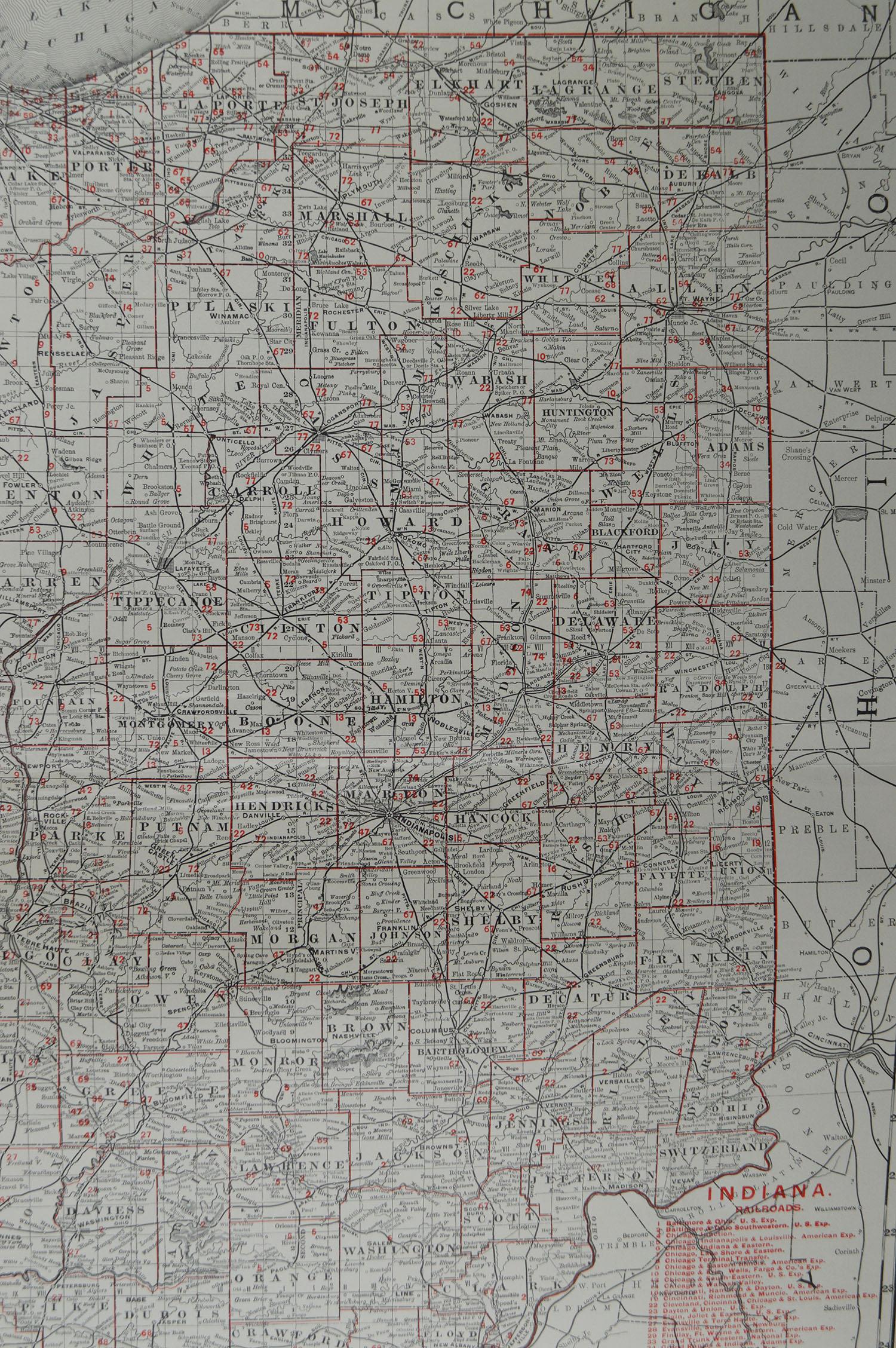 Edwardian Large Original Antique Map of Indiana by Rand McNally, circa 1900