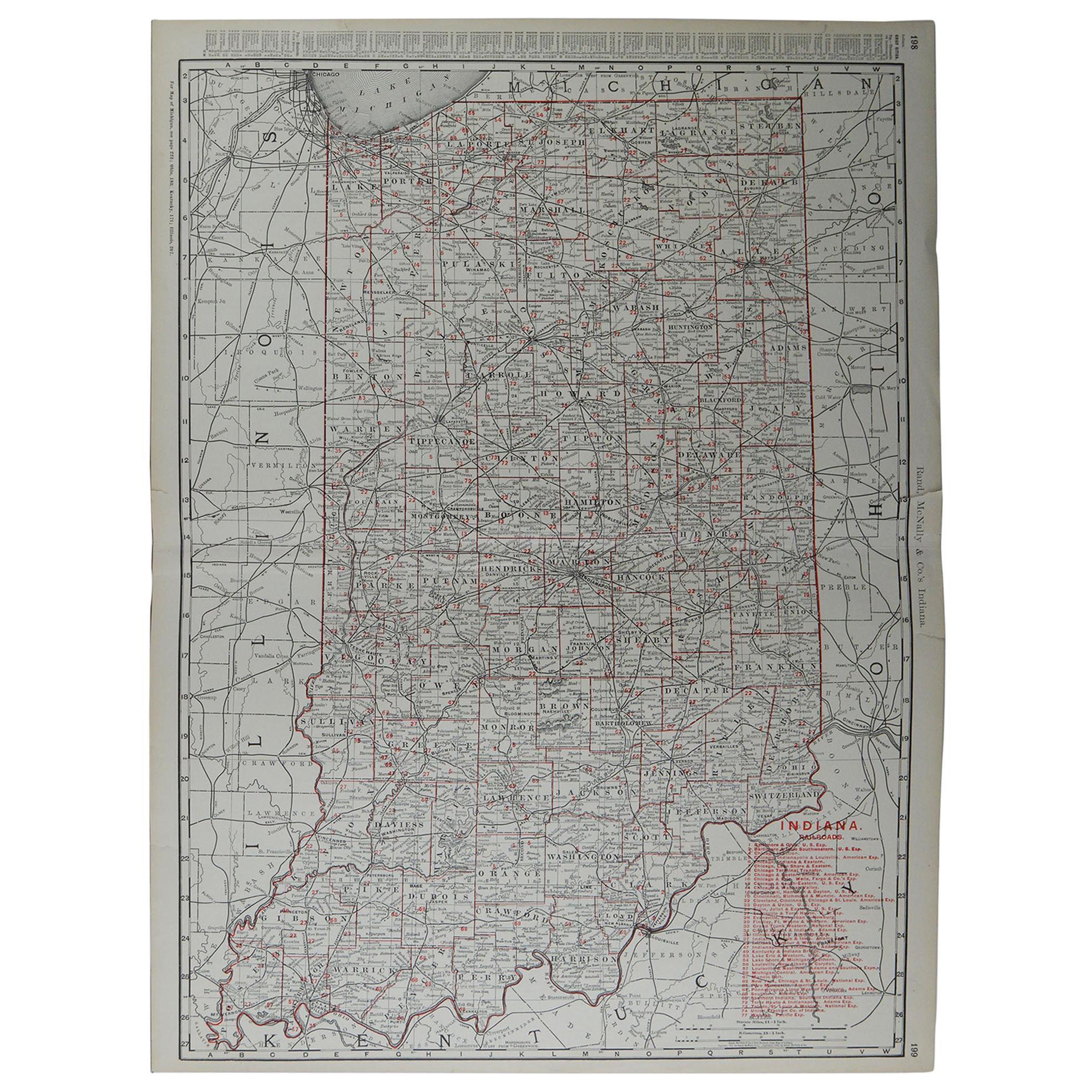 Large Original Antique Map of Indiana by Rand McNally, circa 1900