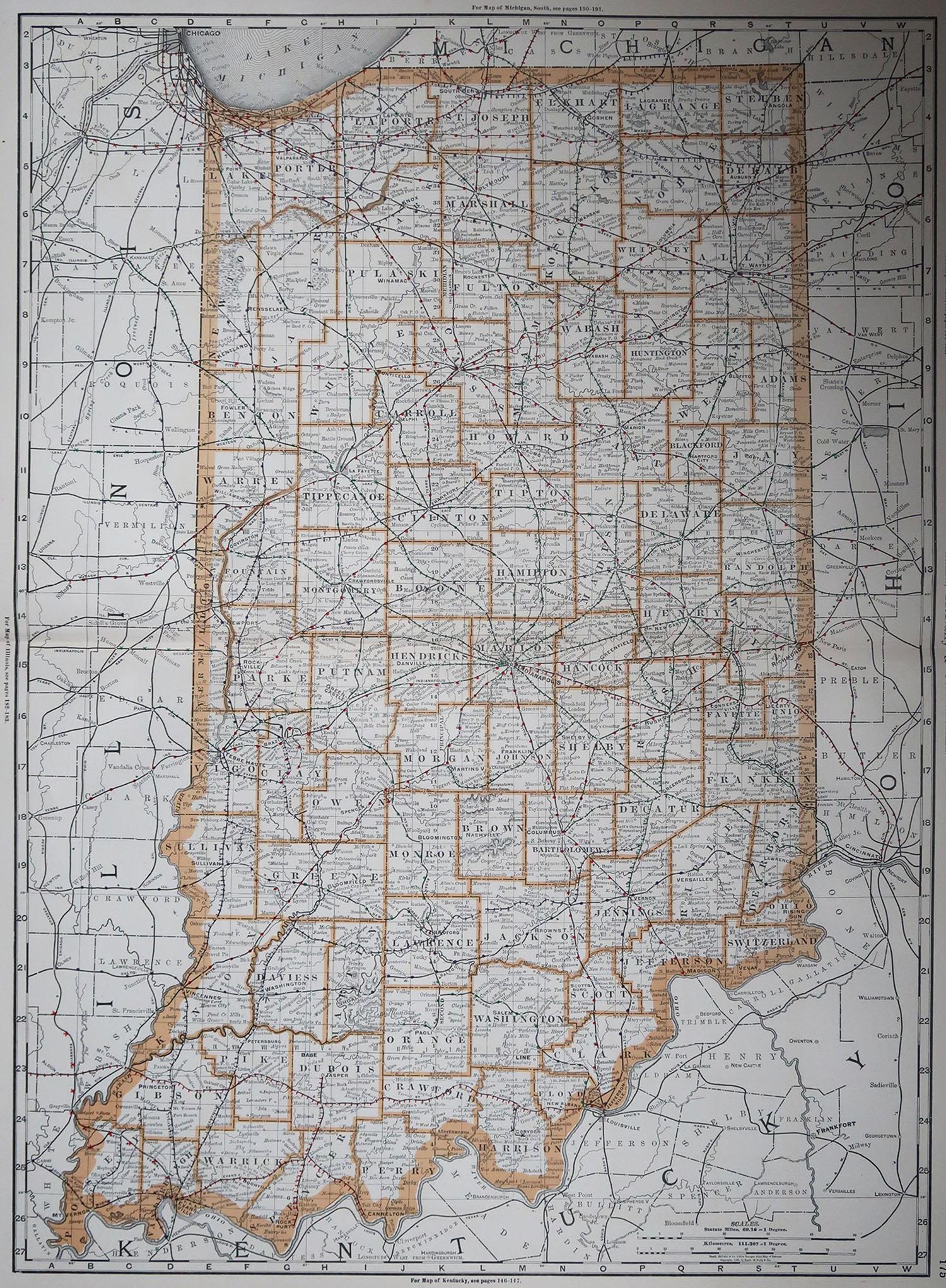 Fabulous map of Indiana.

Original color.

By Rand, McNally & Co.

Published, 1894.

Unframed.

Free shipping.