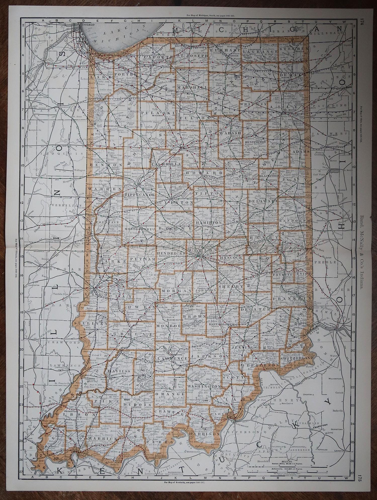 Américain Grande carte ancienne originale de l'Indiana, États-Unis, 1894 en vente