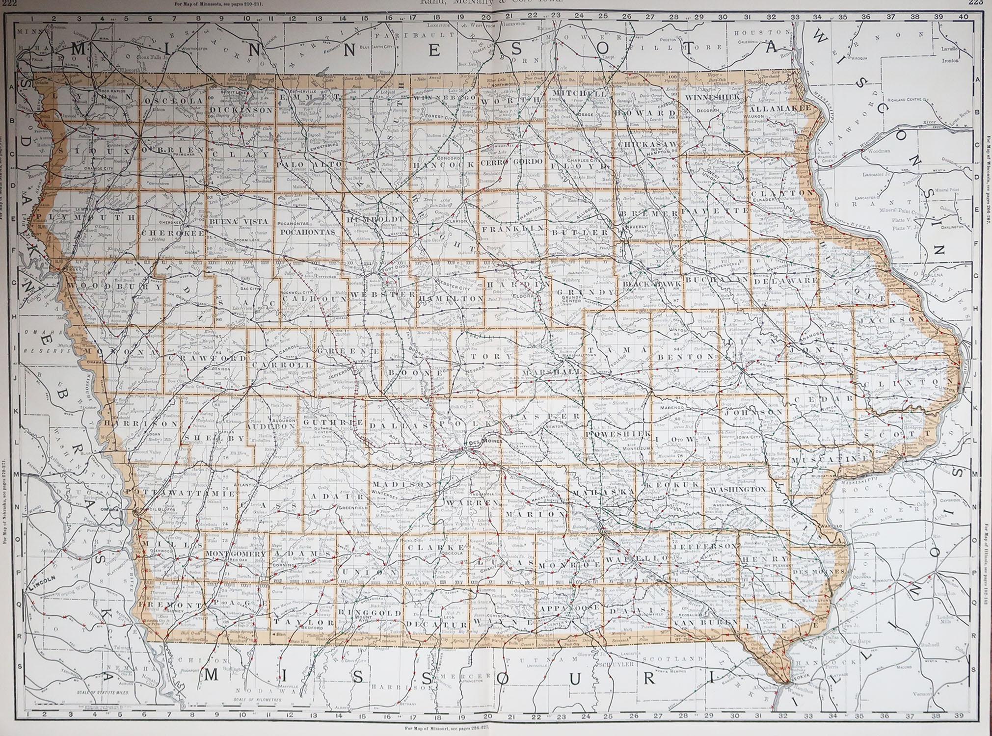 Fabulous map of Iowa.

Original color.

By Rand, McNally & Co.

Published, 1894.

Unframed.

Free shipping.