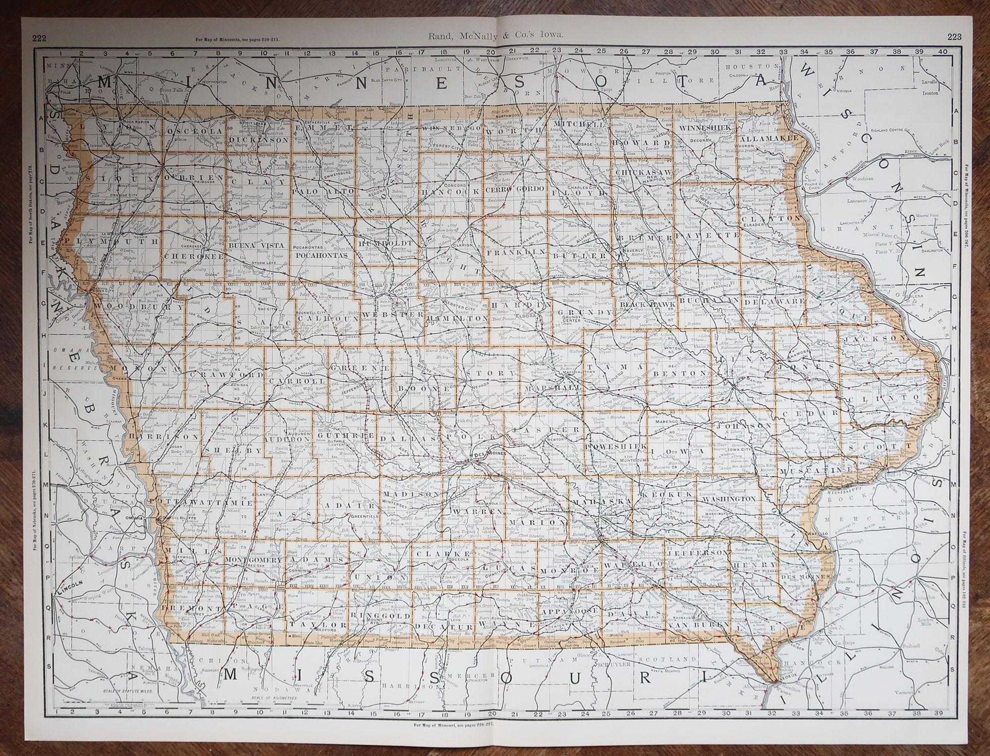 Américain Grande carte ancienne originale de l'Iowa, États-Unis, 1894 en vente