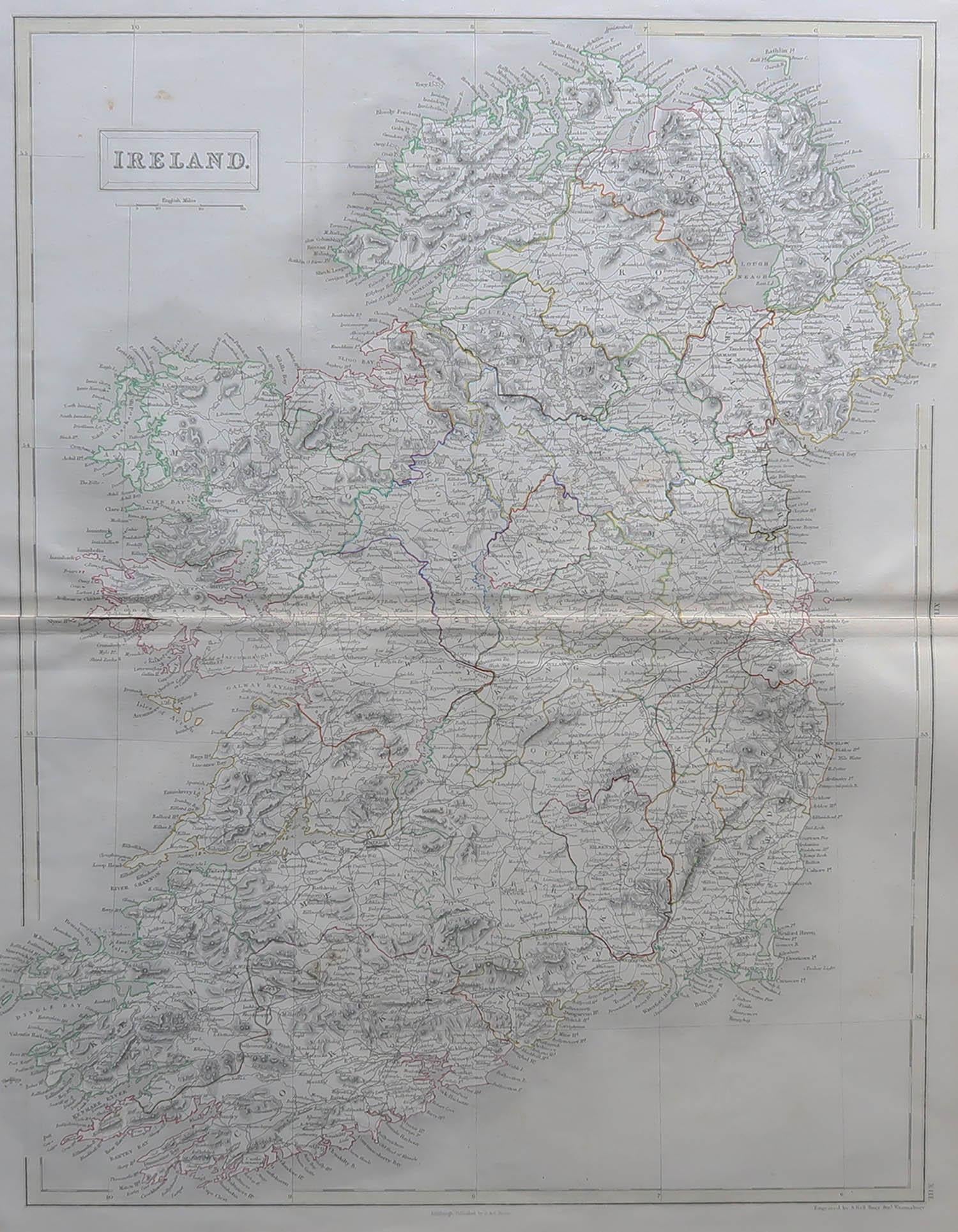 Great map of Ireland

Drawn and engraved by Sidney Hall

Steel engraving 

Original colour outline

Published by A & C Black. 1847

Unframed

Free shipping.


