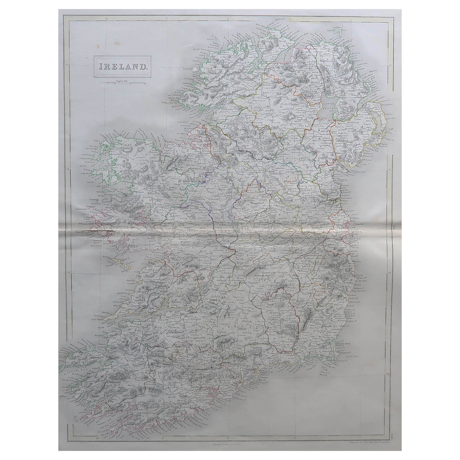Large Original Antique Map of Ireland by Sidney Hall, 1847