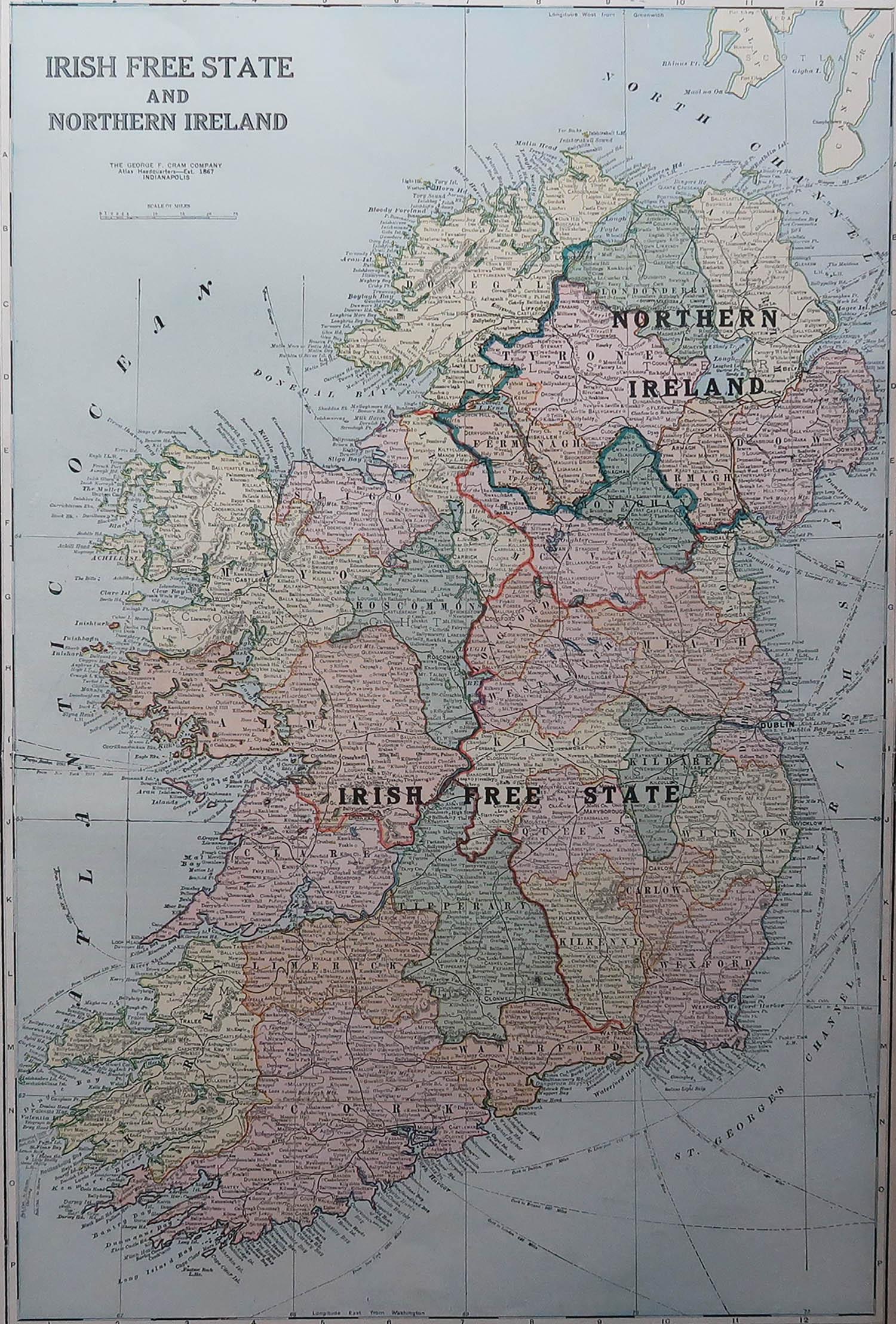 Fabelhafte Karte von Irland

Originalfarbe.

Gestochen und gedruckt von der George F. Cram's Company, Indianapolis.

Veröffentlicht, C.1900.

Ungerahmt.

Kostenloser Versand.