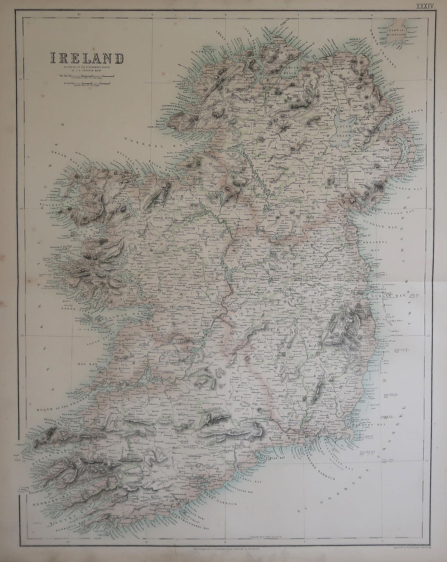 Great map of Ireland

From the celebrated Royal Illustrated Atlas

Lithograph. Original color. 

Published by Fullarton, Edinburgh. C.1870

Repair to a small edge tear on top margin

Unframed.












 