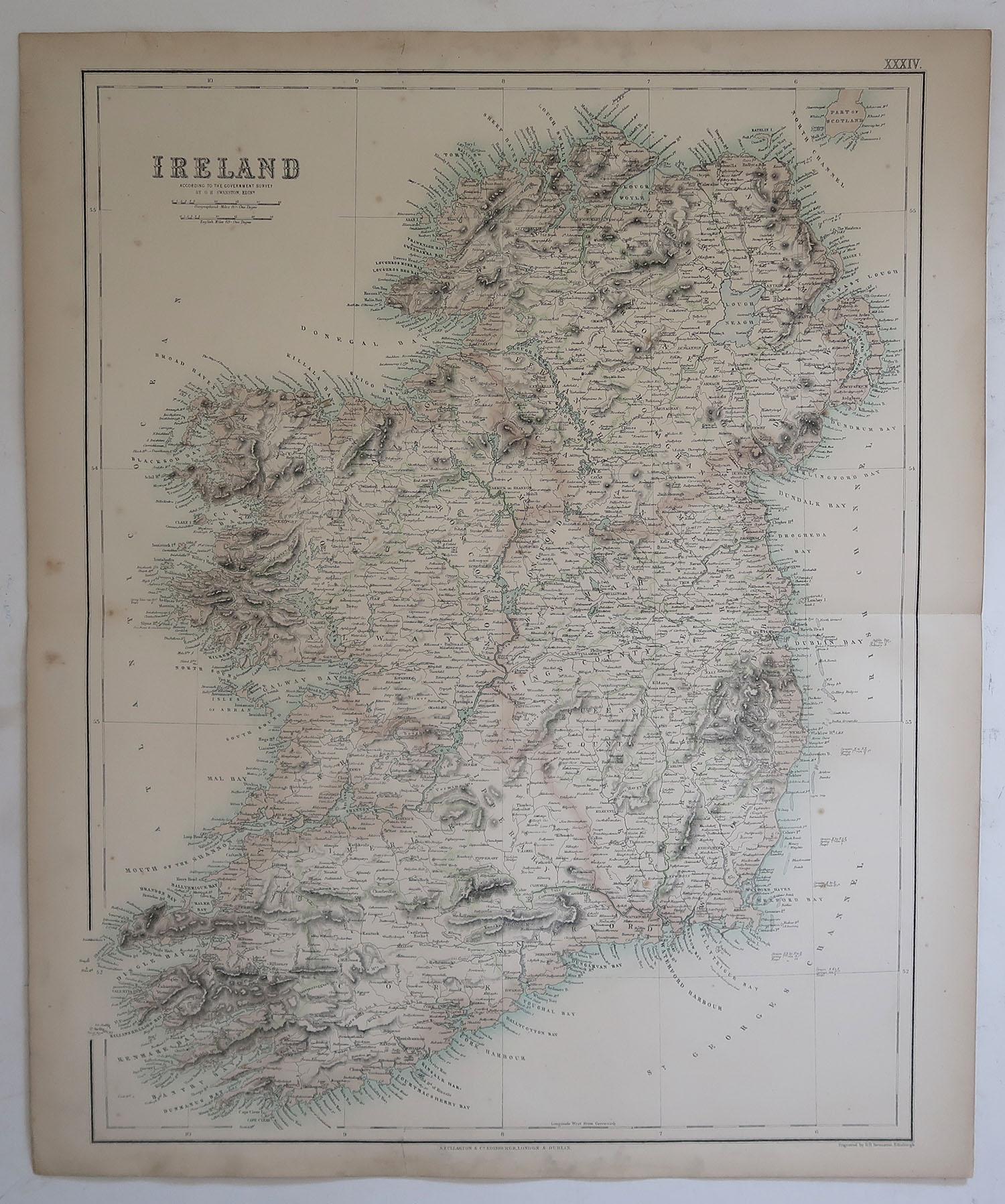 Scottish Large Original Antique Map of Ireland, Fullarton, C.1870