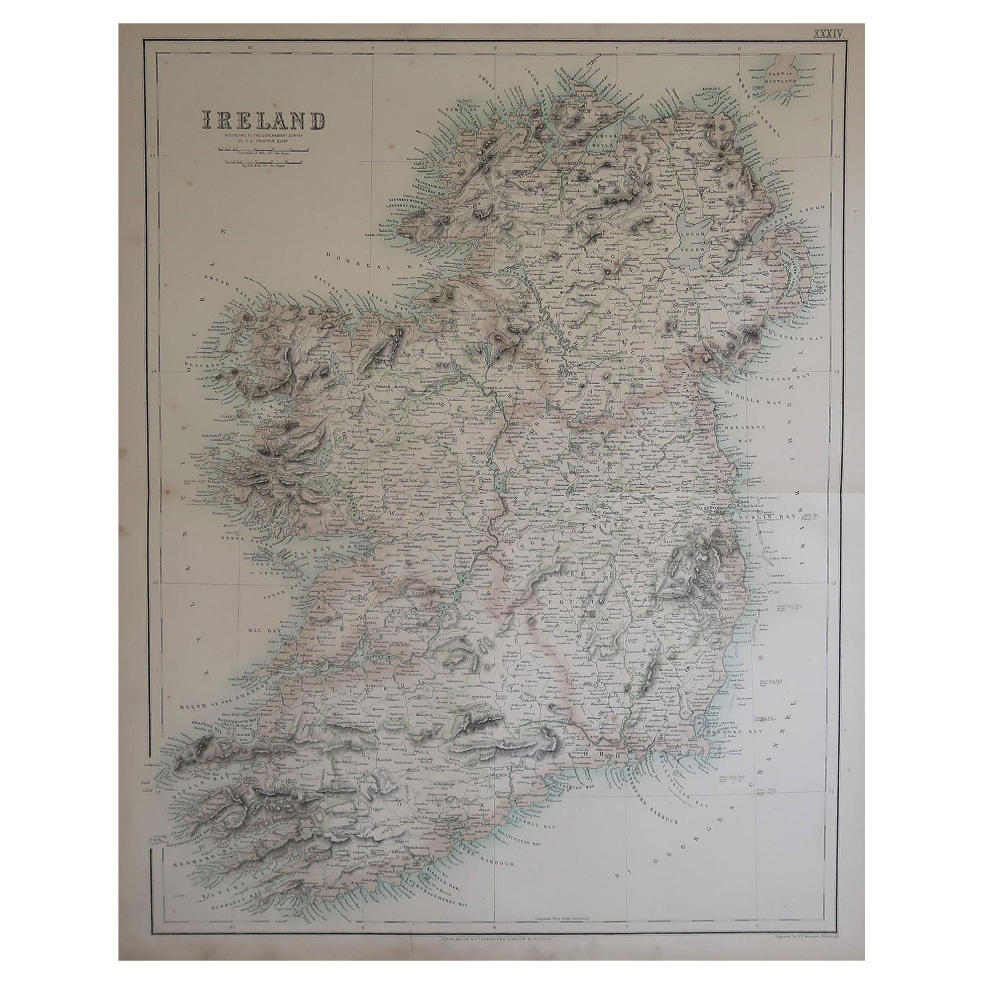 Large Original Antique Map of Ireland, Fullarton, C.1870