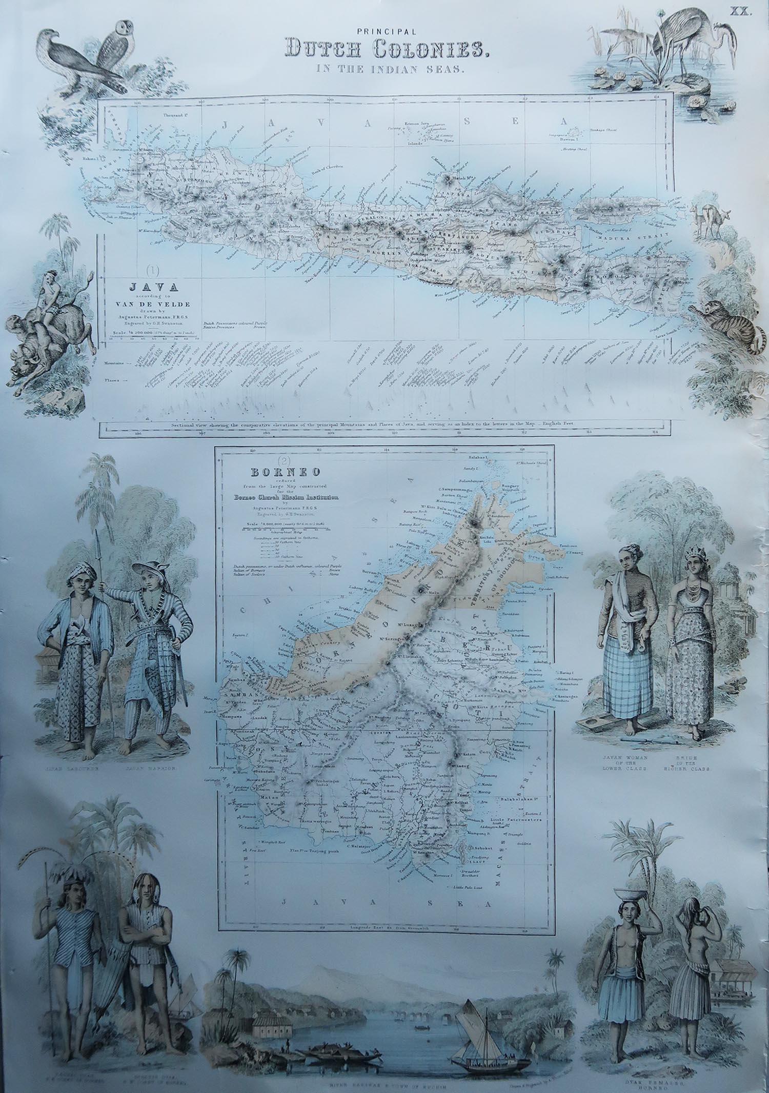 Great map of Java and Borneo

Wonderful figurative borders

From the celebrated Royal Illustrated Atlas

Lithograph. Original color. 

Published by Fullarton, Edinburgh. C.1870

Unframed.

Repair to a short tear on bottom edge. Slightly weak paper